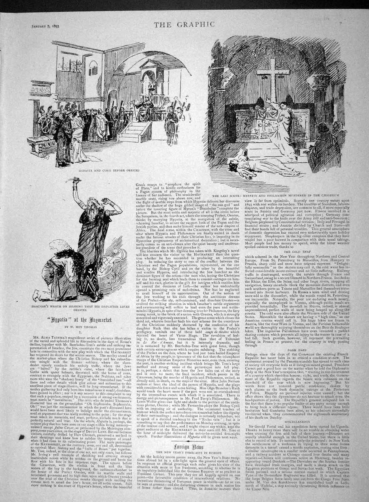 Old Antique Print 1893 Hypatia Haymarket Theatre Pye Eusden Rowe Cibber 19th