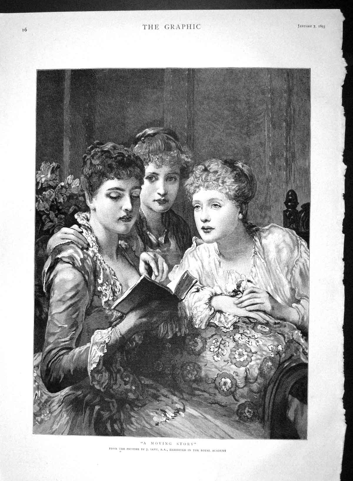Original Old Antique Print 1893 Moving Story Beautiful Ladies Reading Book Sant
