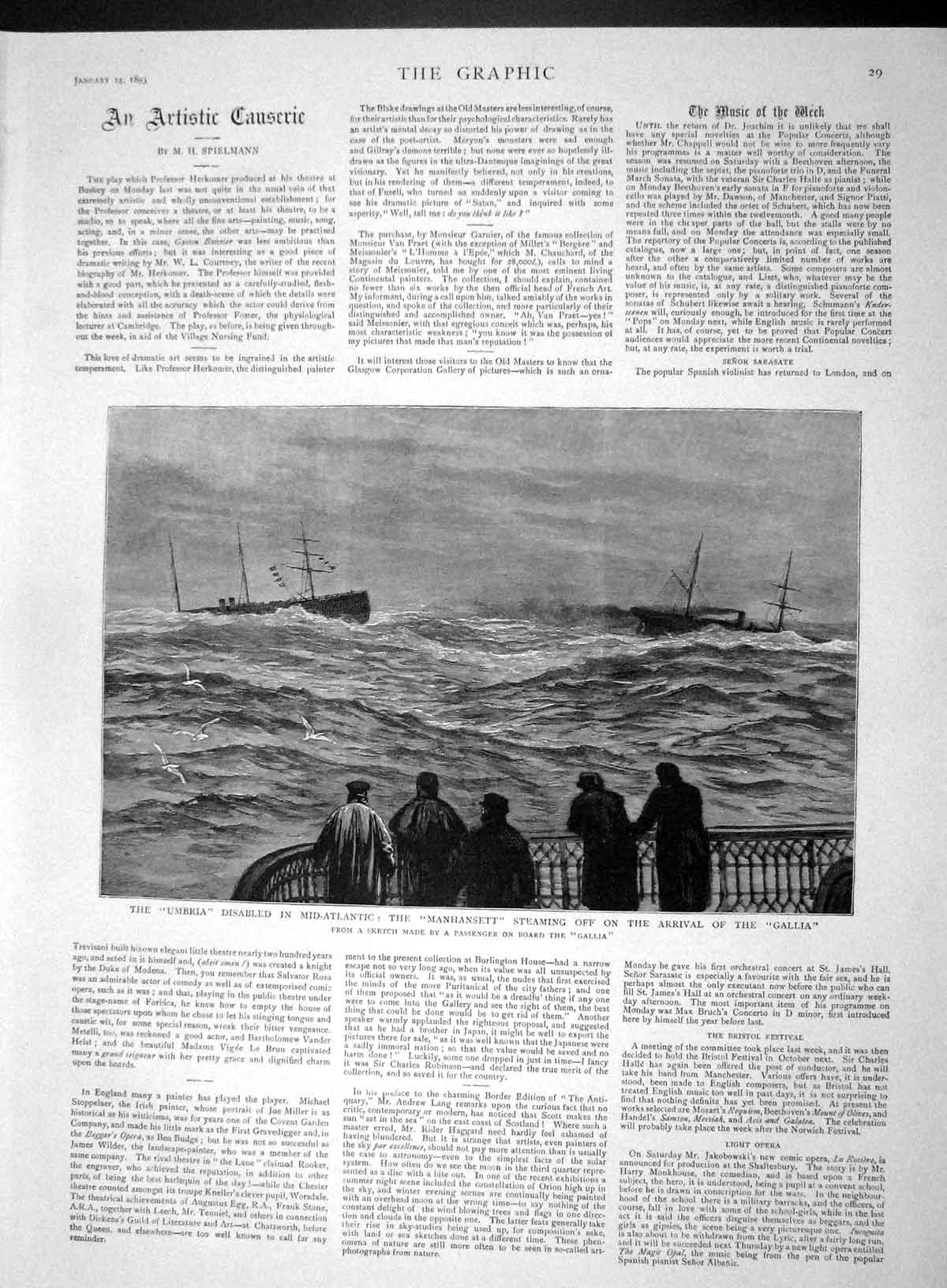 Old Antique Print 1893 Umbria Ship Mid-Atlantic Ocean Manhansett Gallia 19th