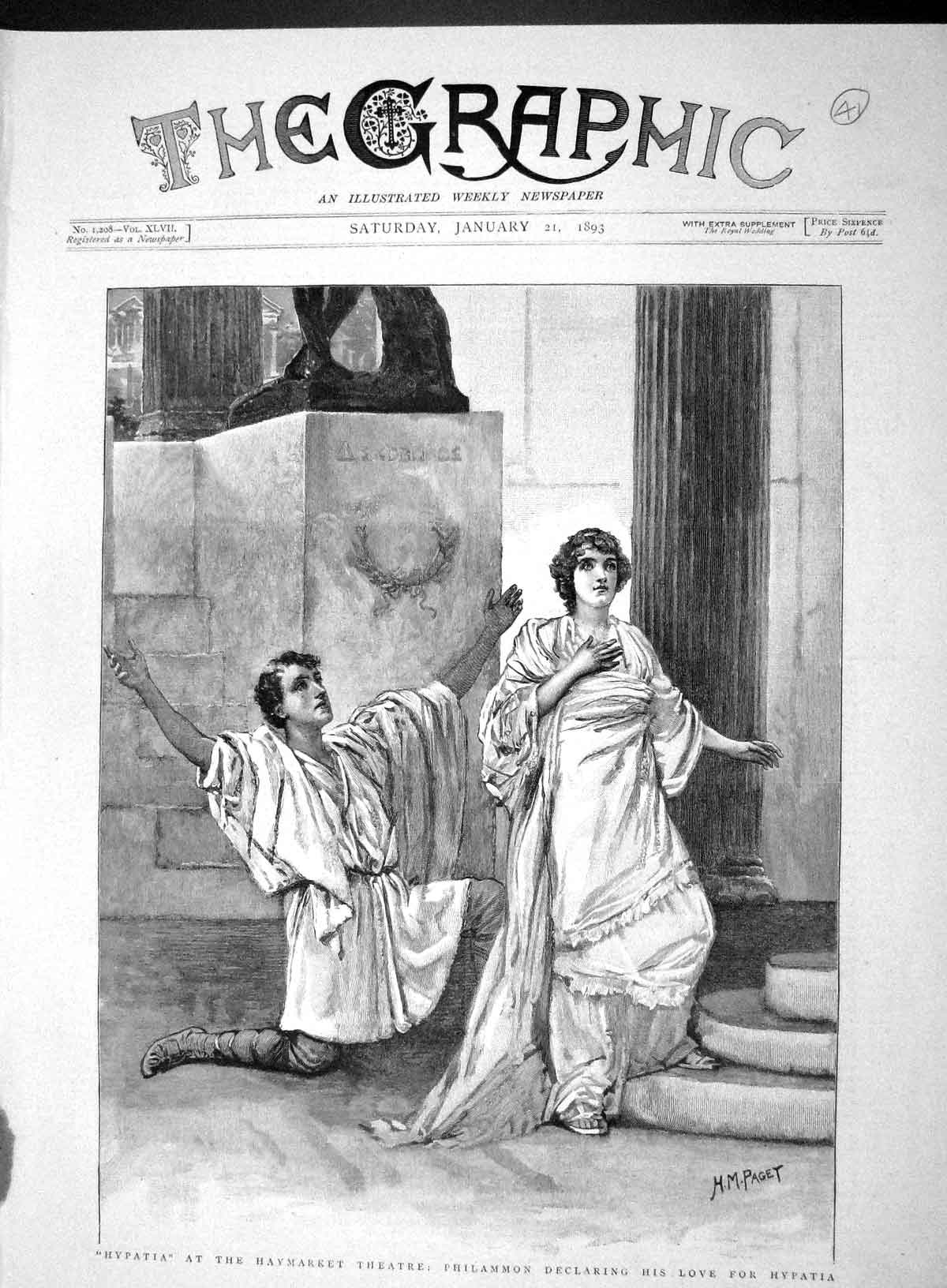 Original Old Antique Print 1893 Hypatia Haymarket Theatre Philammon Roman 19th