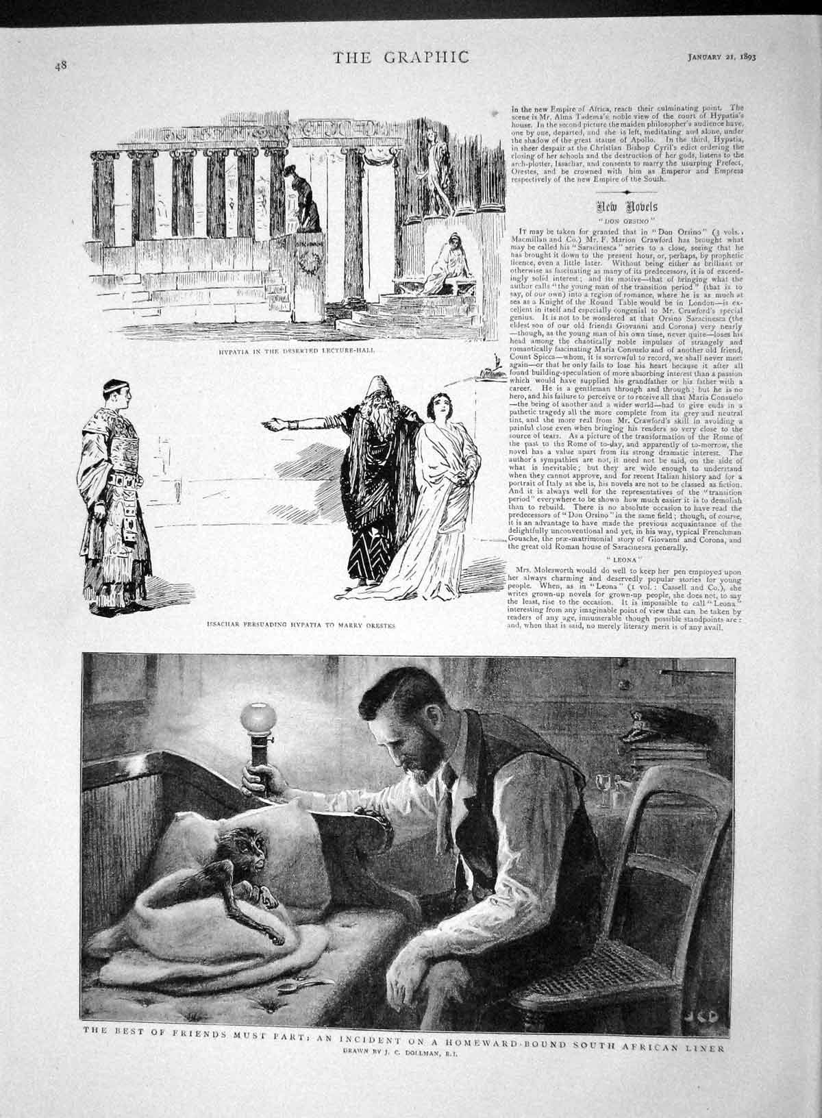 Old Antique Print 1893 Monkey South Africa Liner Issachar Hypatia Orestes 19th