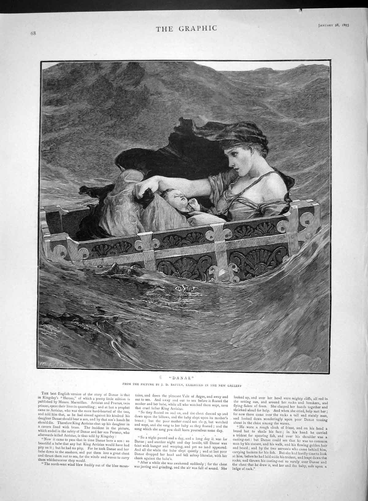 Original Old Antique Print 1893 Danae Mother Baby Cradle Sea Batten Fine Art