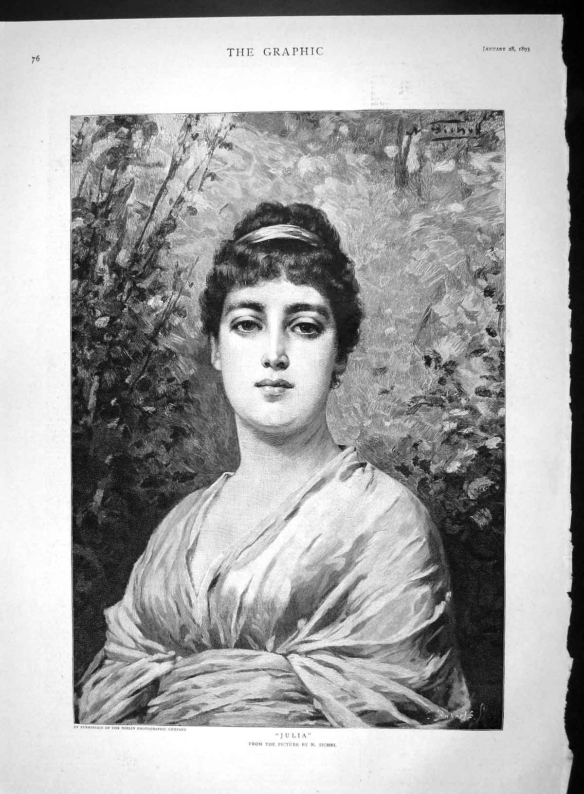 Original Old Antique Print 1893 Portrait Beautiful Woman Julia Sichel Victorian