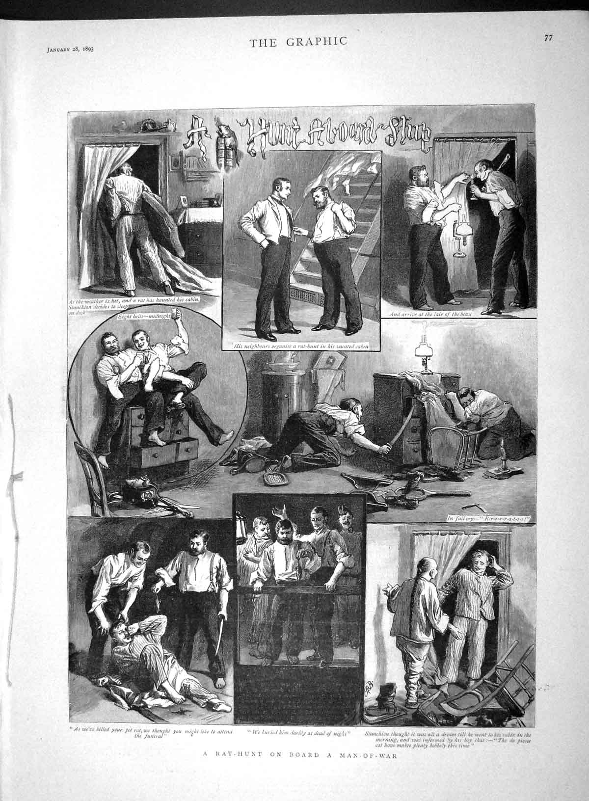 Original Old Antique Print 1893 Rat Hunting Board Man-Of-War Ship Victorian