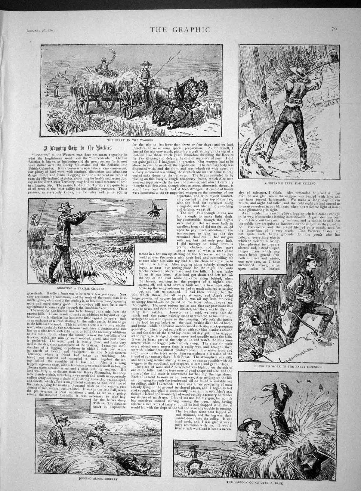 Old Antique Print 1893 Hunting Rocky Mountains Shooting Prairie Chicken 19th