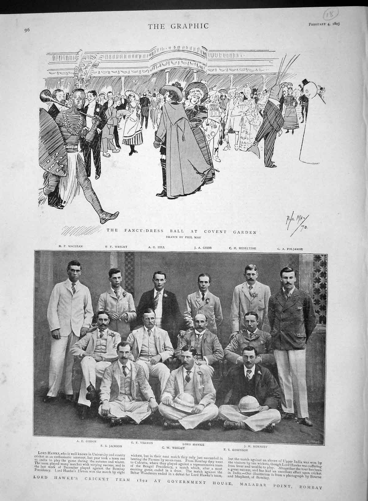 Old Antique Print 1893 Fancy Dress Ball Covent Garden Lord Hawke Cricket 19th