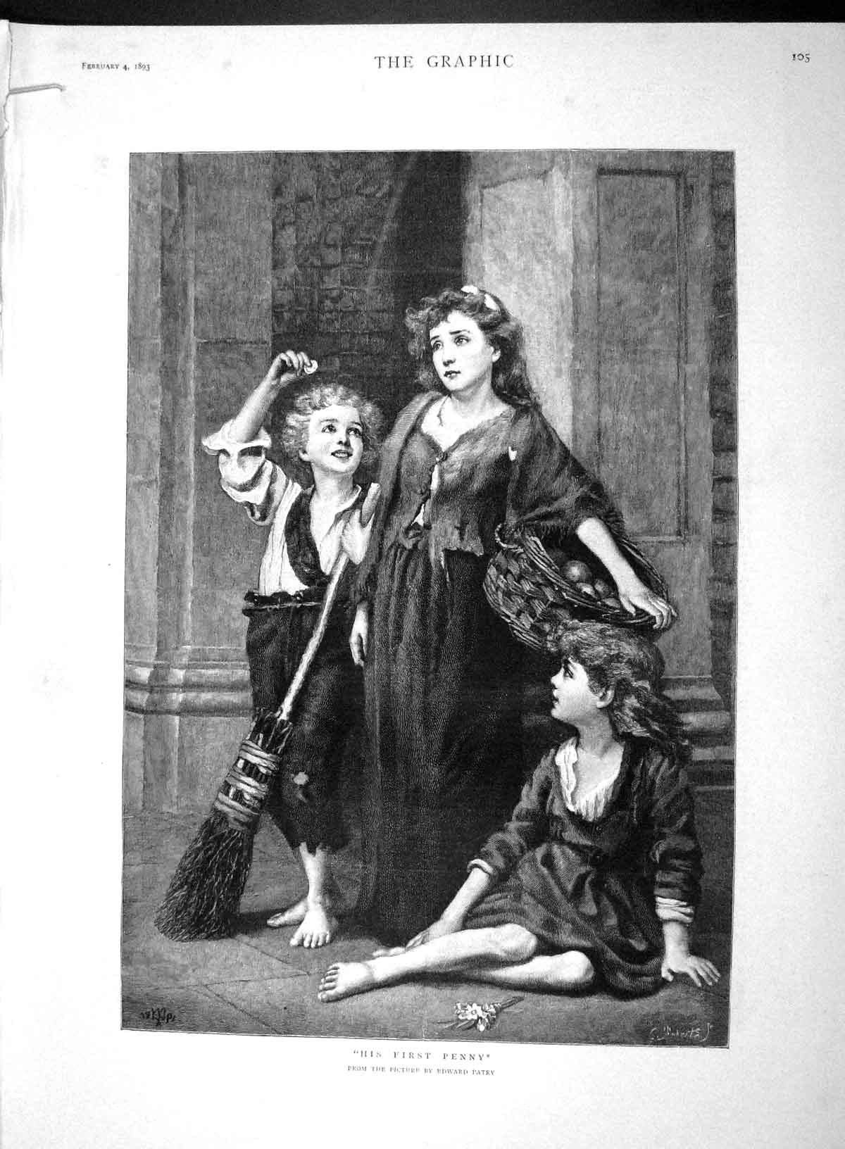 Original Old Antique Print 1893 First Penny Poor Children Begging Street Patry