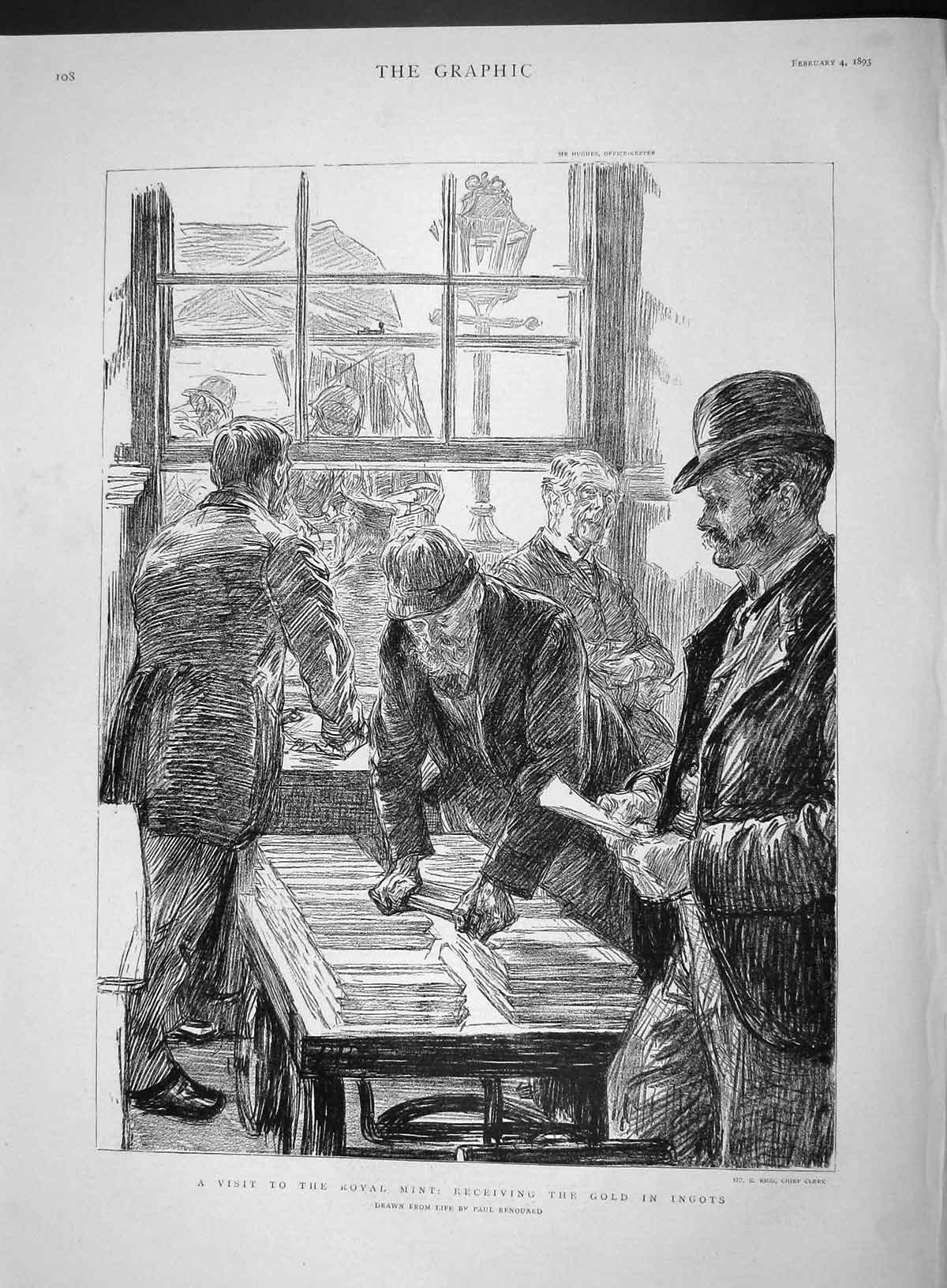 Original Old Antique Print 1893 Visit Royal Mint Receiving GIngots Renouard