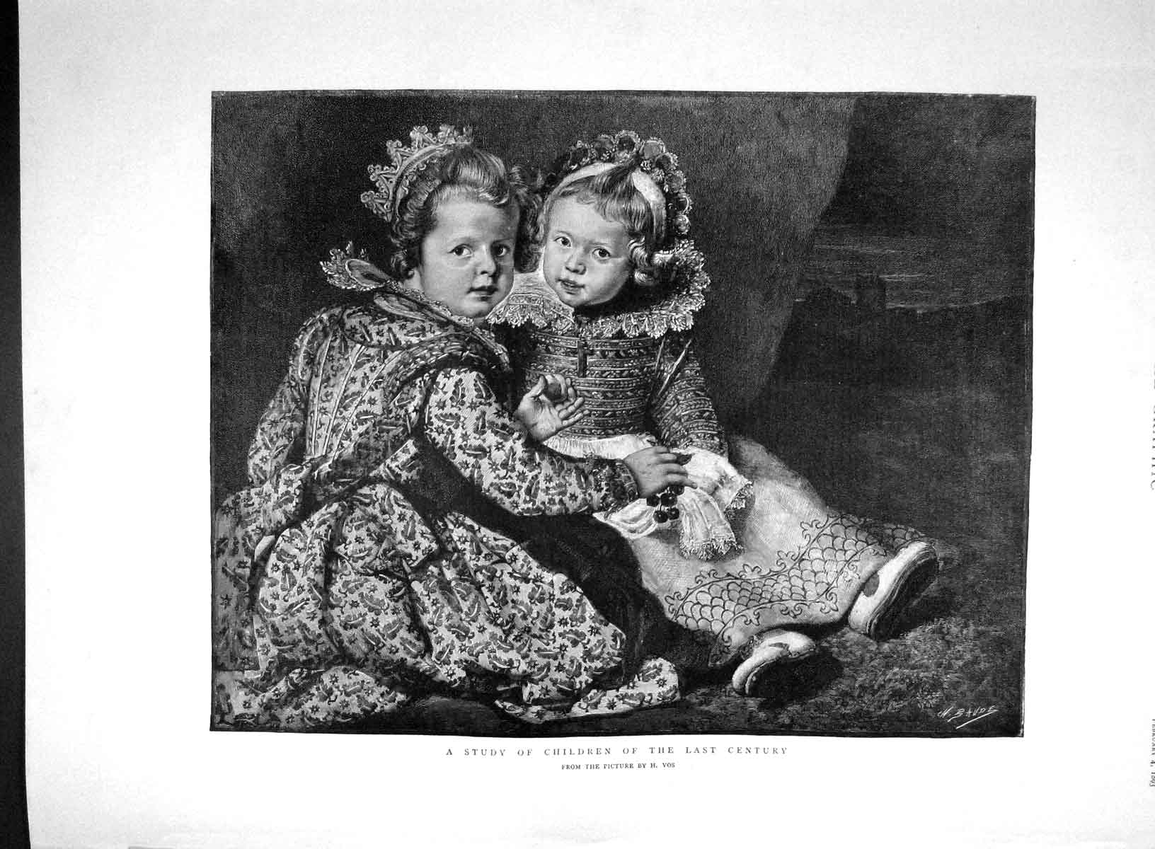Original Old Antique Print 1893 Portrait Study Children Last Century Victorian