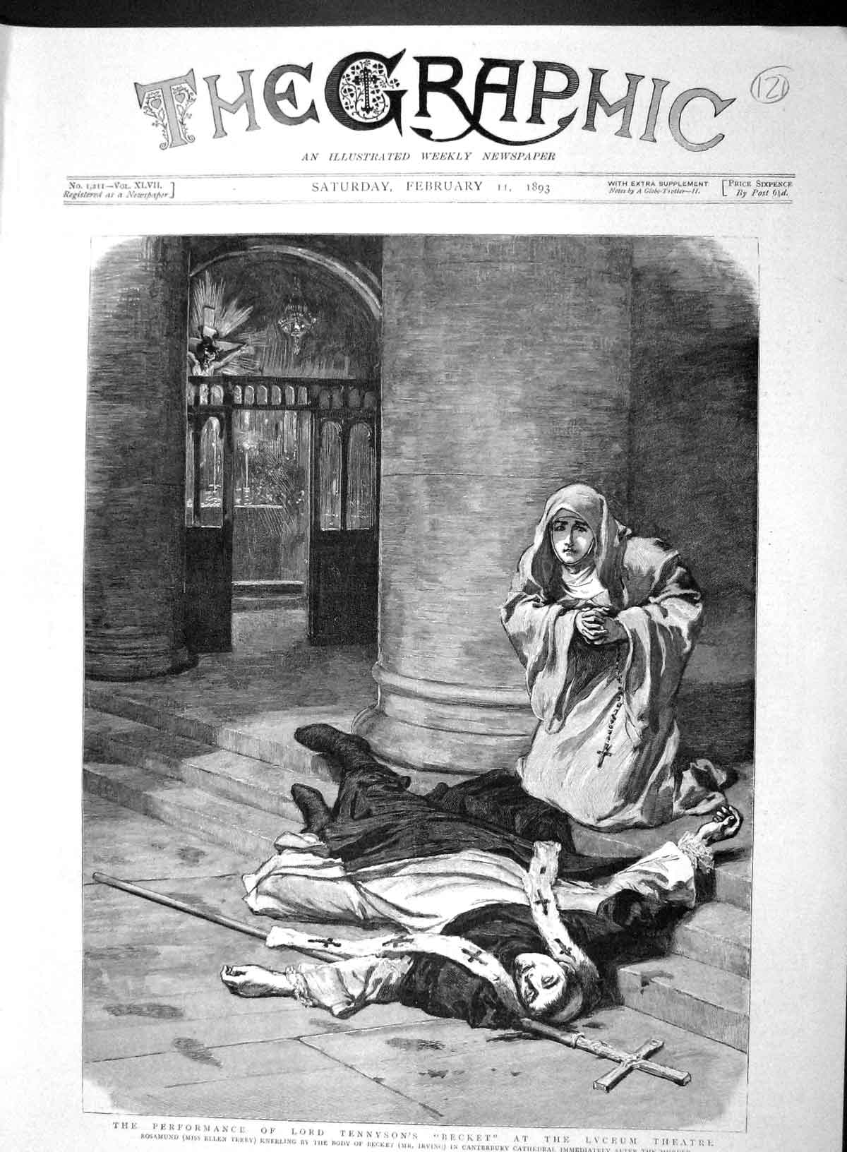 Original Old Antique Print 1893 Lord Tennyson Becket Lyceum Theatre Terry 19th