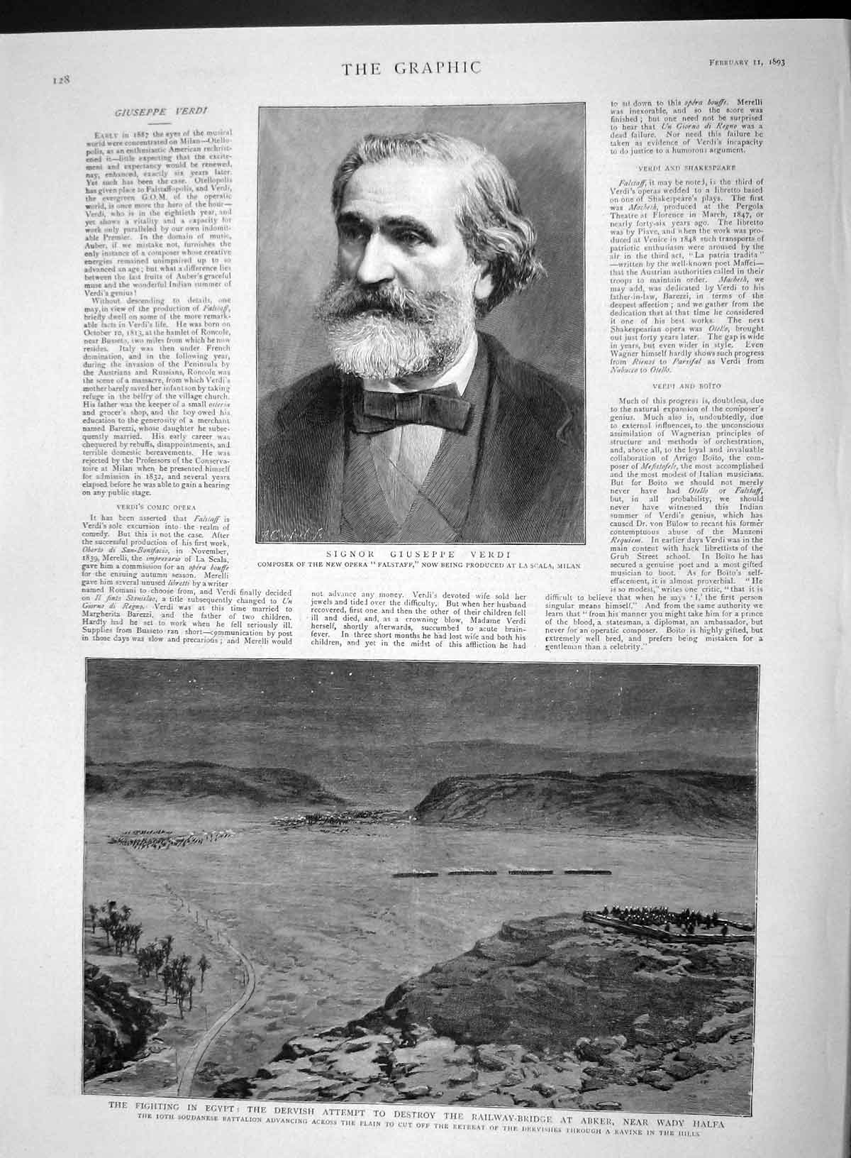 Original Old Antique Print 1893 Signor Giuseppe Verdi Egypt Railway Abker Halfa