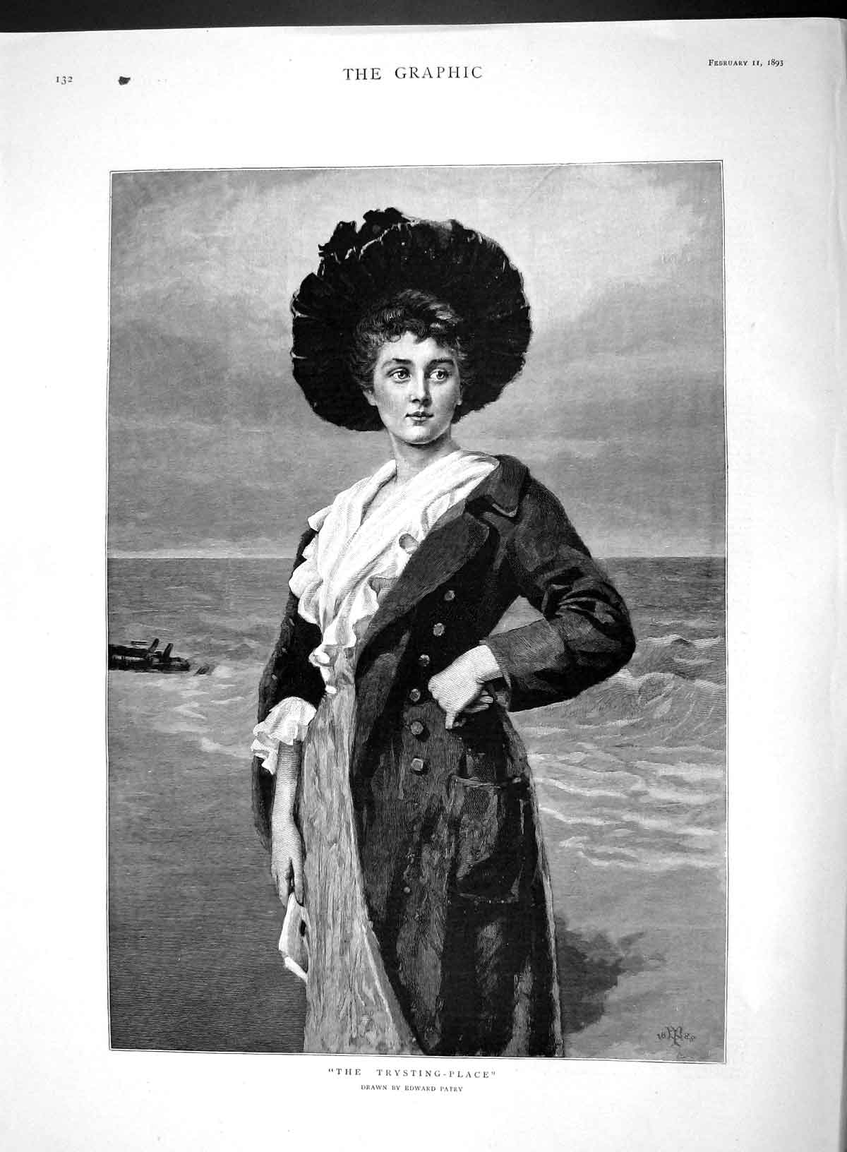 Original Old Antique Print 1893 Portrait Beautiful Lady Trysting-Place 19th
