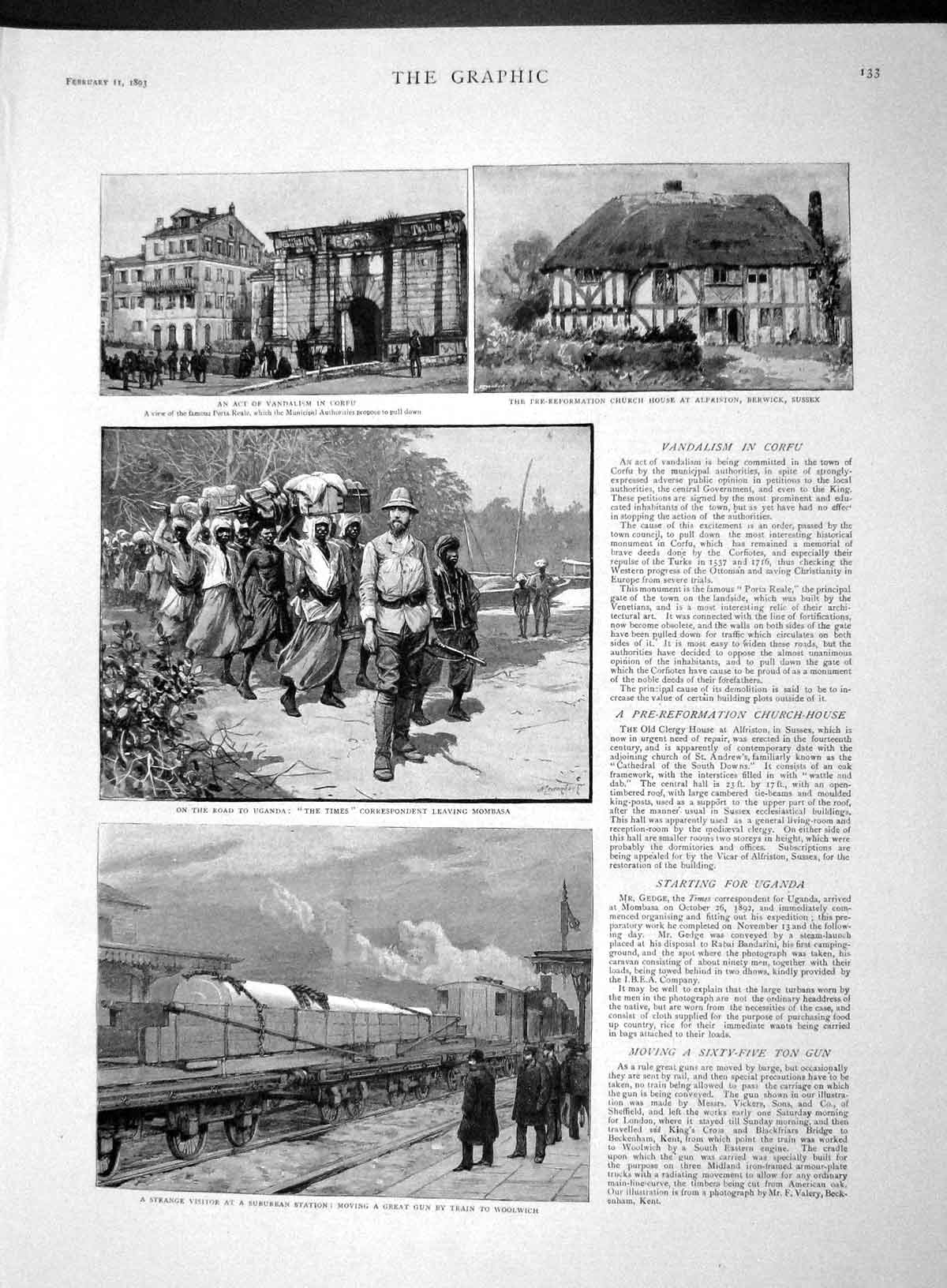 Original Old Antique Print 1893 Corfu Church House Sussex Mombasa Statio 19th
