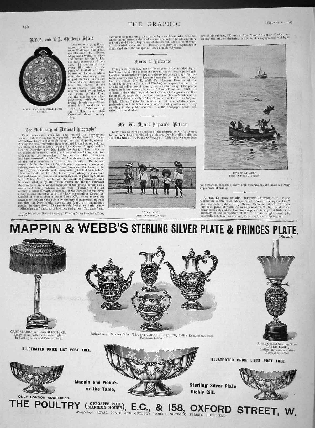 Old Antique Print 1893 Challenge Shield Divers Aden P And O Ship Mappin 19th