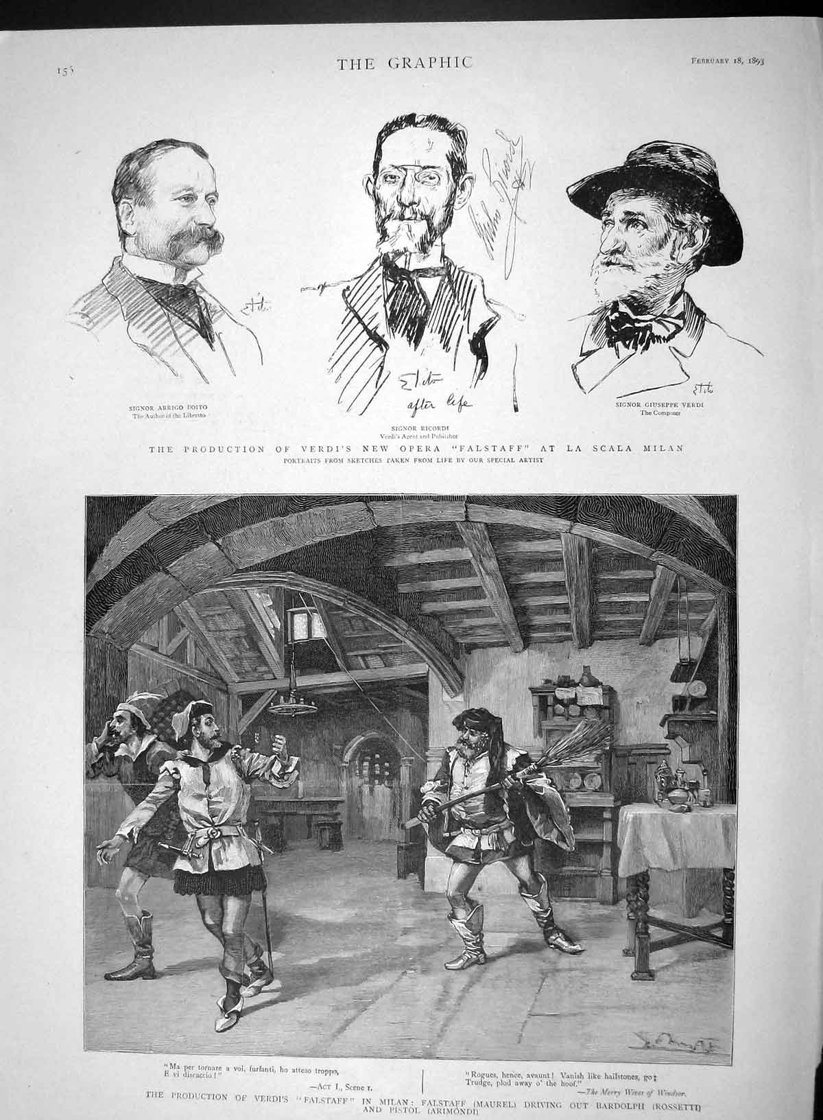 Original Old Antique Print 1893 Verdi Falstaff Milan Boito Ricordi Maurel 19th