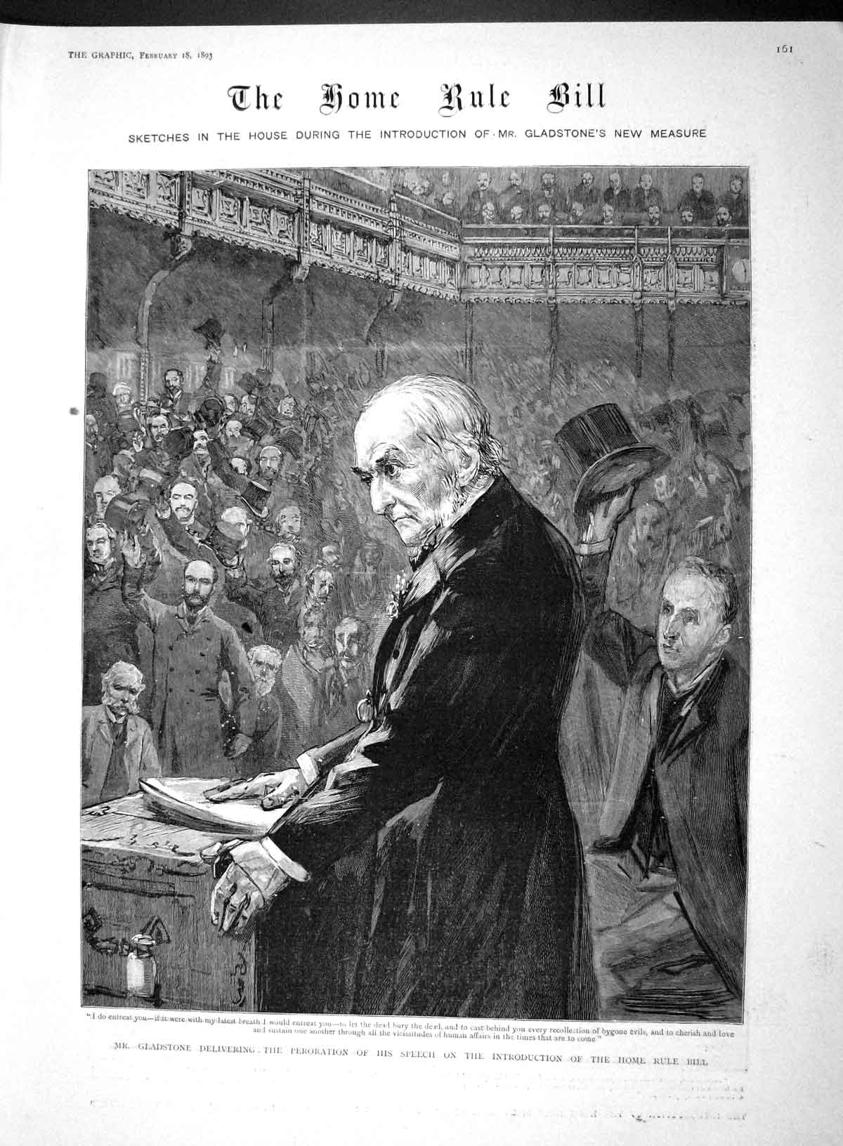 Old Antique Print 1893 Gladstone Peroration Speech Introduction Home Rule 19th