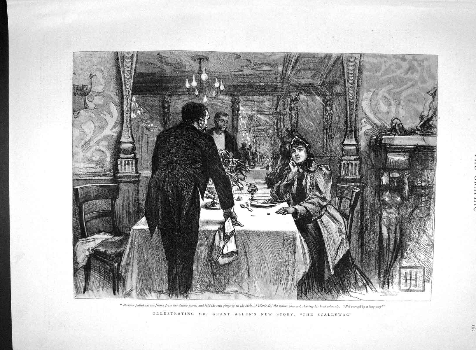 Original Old Antique Print 1893 Illustration Grant Allen Story Scallywag Dinner