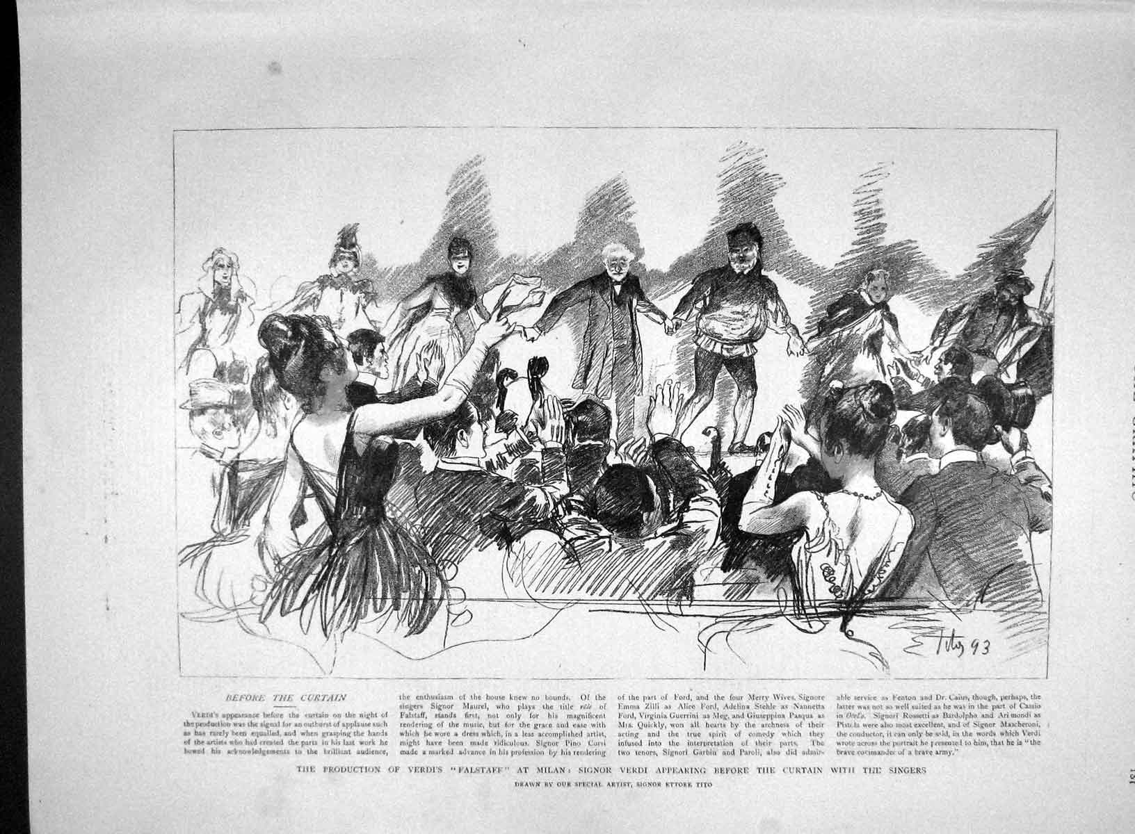 Original Old Antique Print 1893 Signor Verdi Falstaff Milan Singers Perf 19th