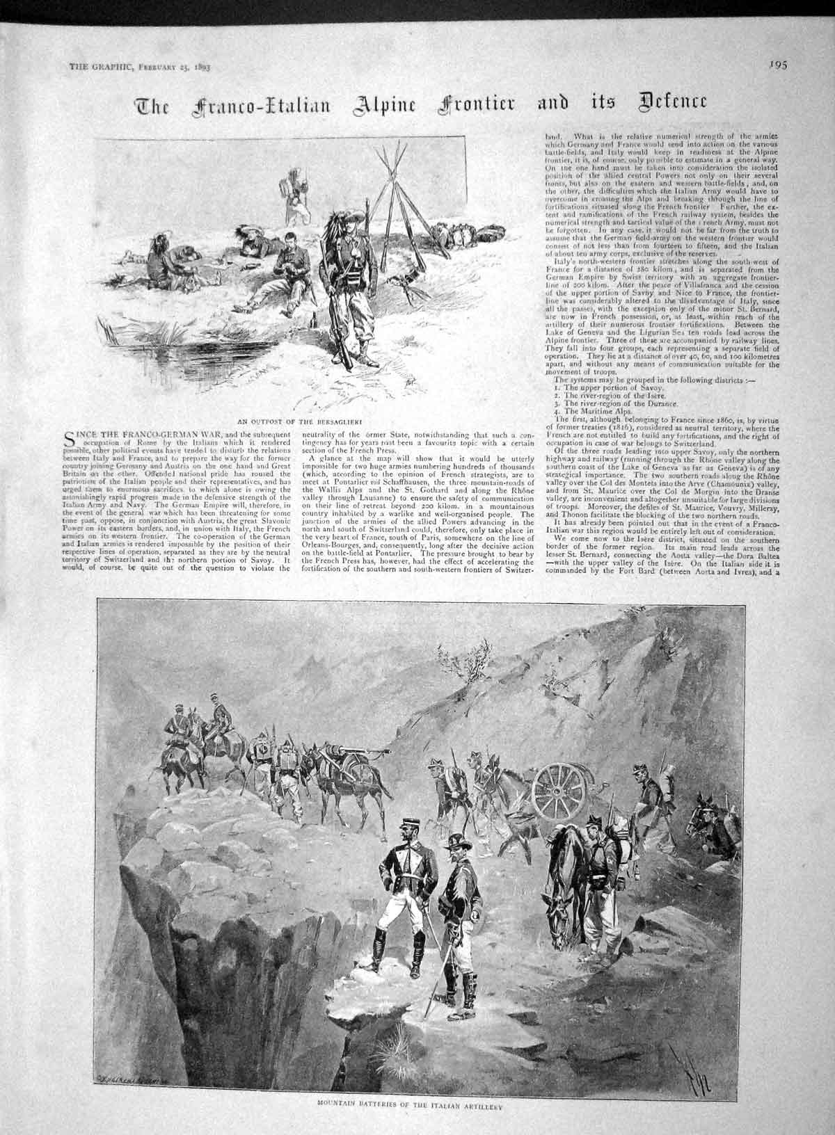 Old Antique Print 1893 Franco-Italian Frontier Mountain Italian Artillery 19th