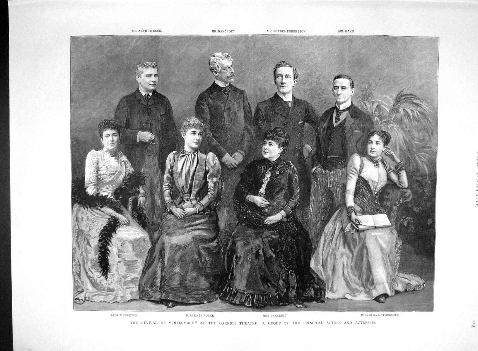 Original Old Antique Print 1893 Garrick Theatre Rorke Monckton Cecil Bancroft
