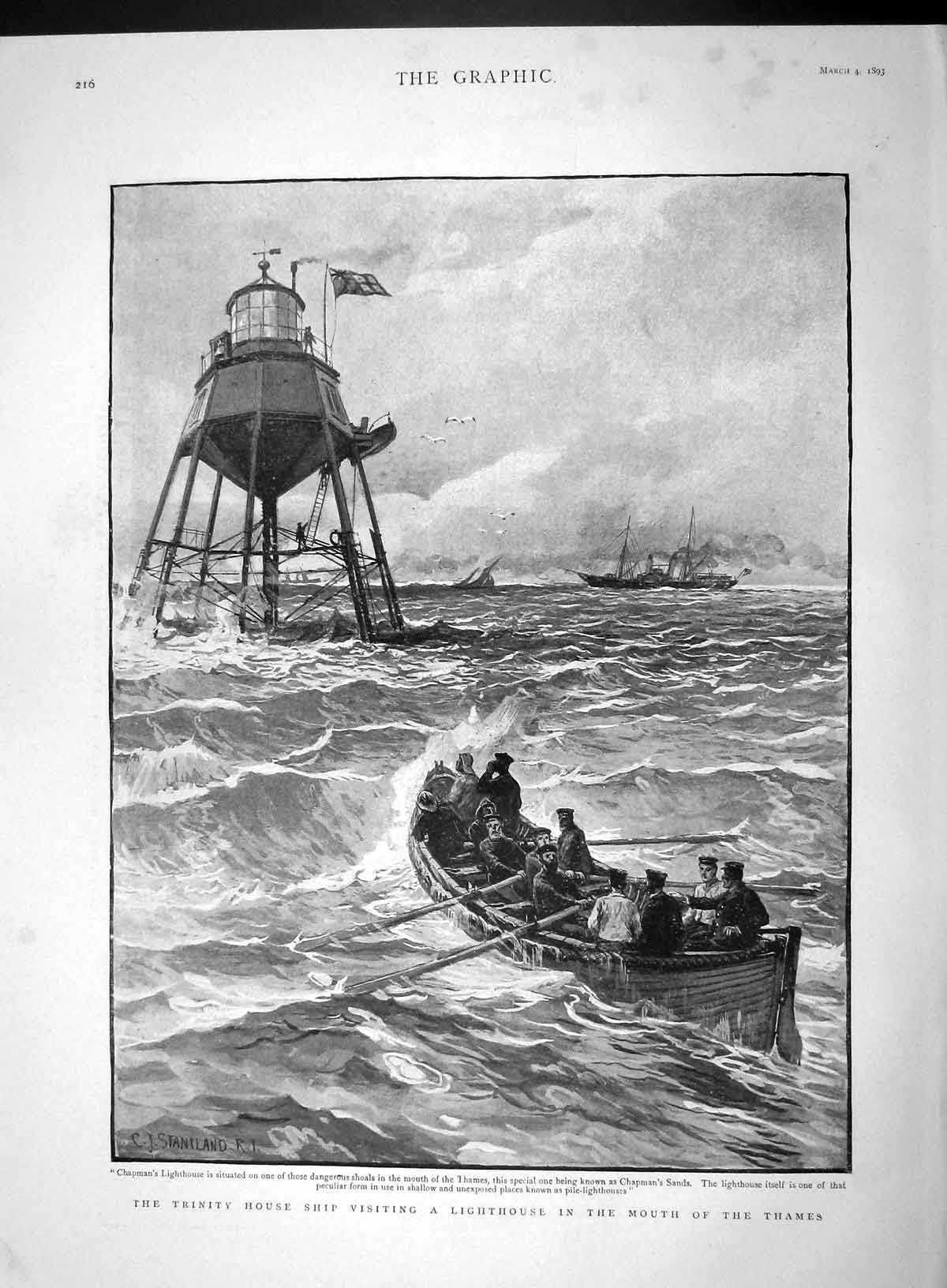 Old Antique Print 1893 Trinity House Ship Lighthouse River Thames Chapman 19th