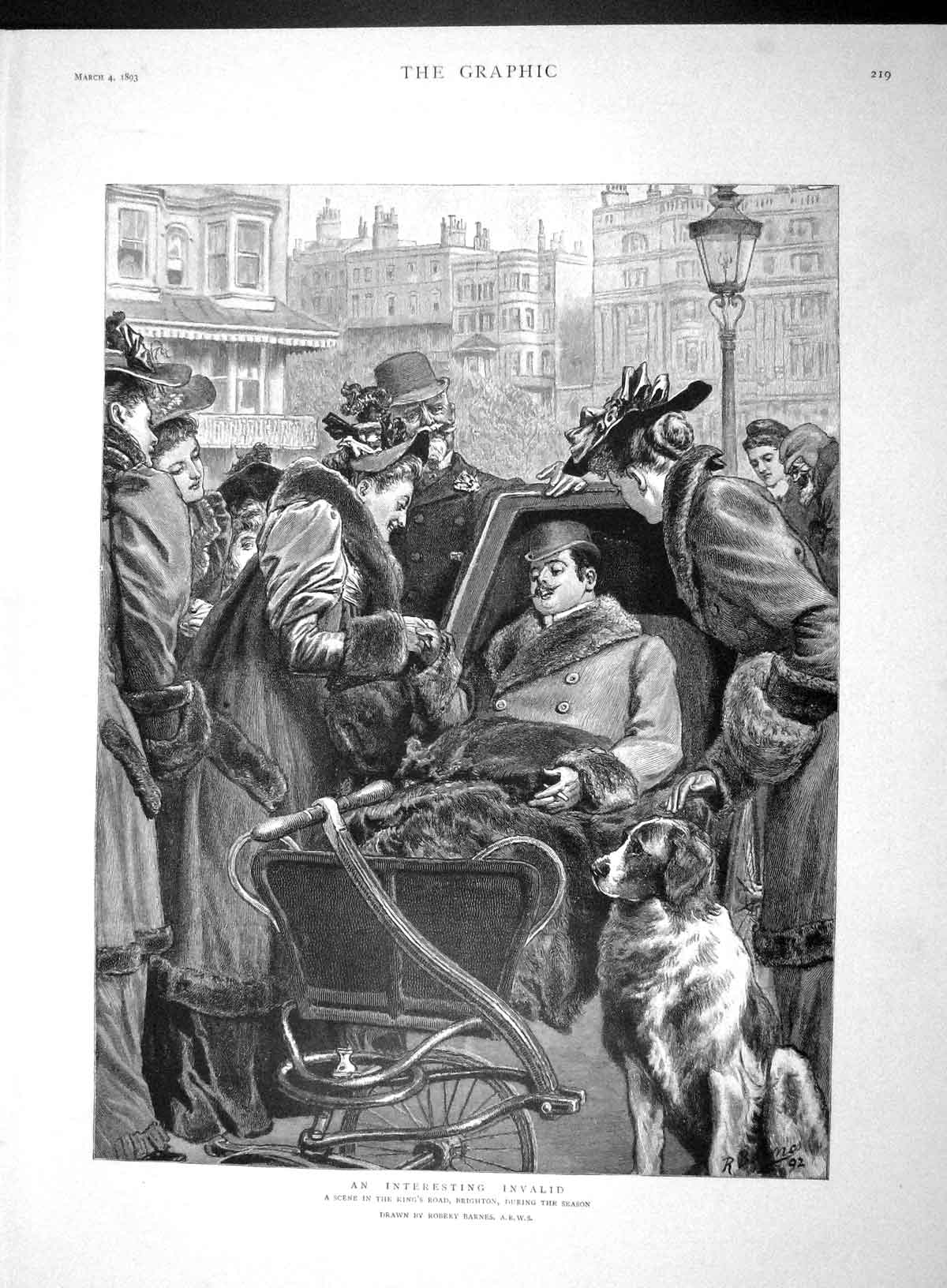 Original Old Antique Print 1893 King'S Road Brighton Invalid Man Wheelchair Dog