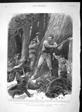 Original Old Antique Print 1893 Lumbermen Attacked Wild Dogs Pine Forest Maine