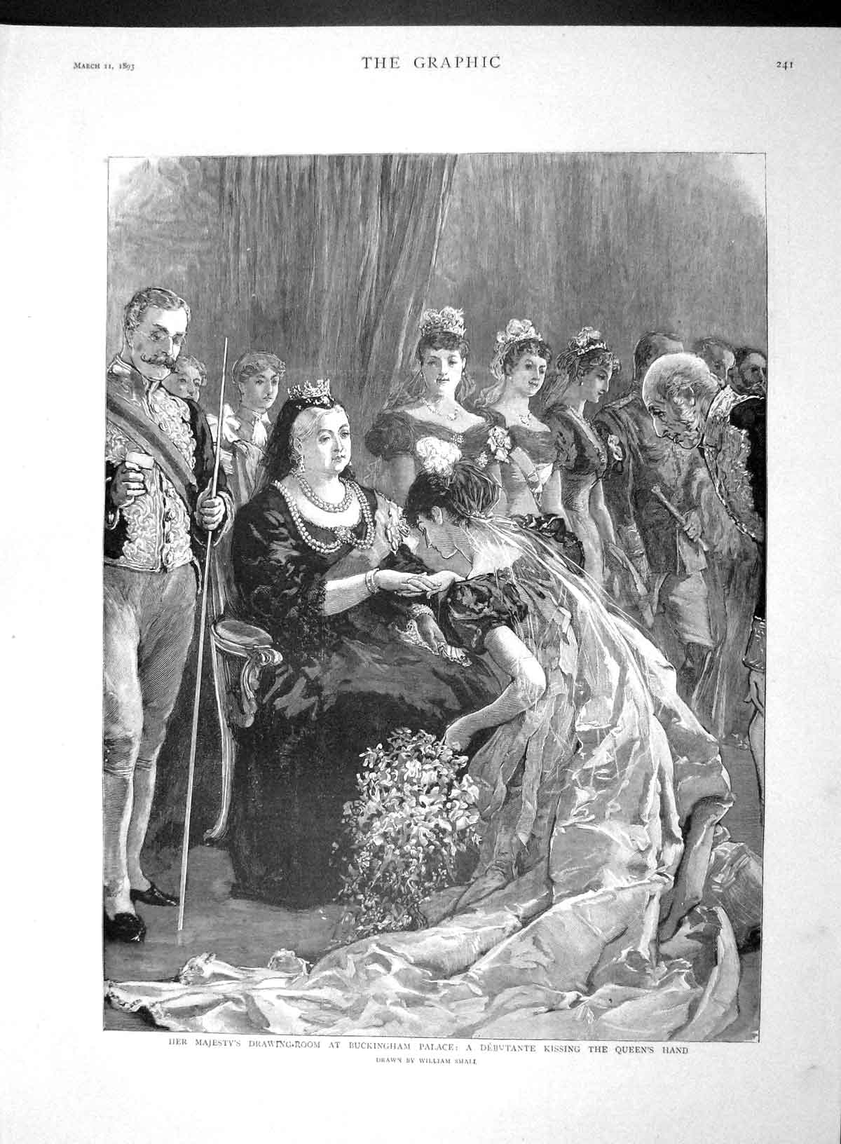 Original Old Antique Print 1893 Queen Drawing-Room Buckingham Palace Debutante