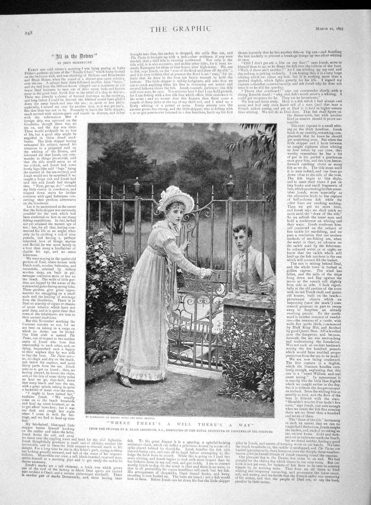 Original Old Antique Print 1893 Lady Man Garden Gate Key Romance Leighton 19th