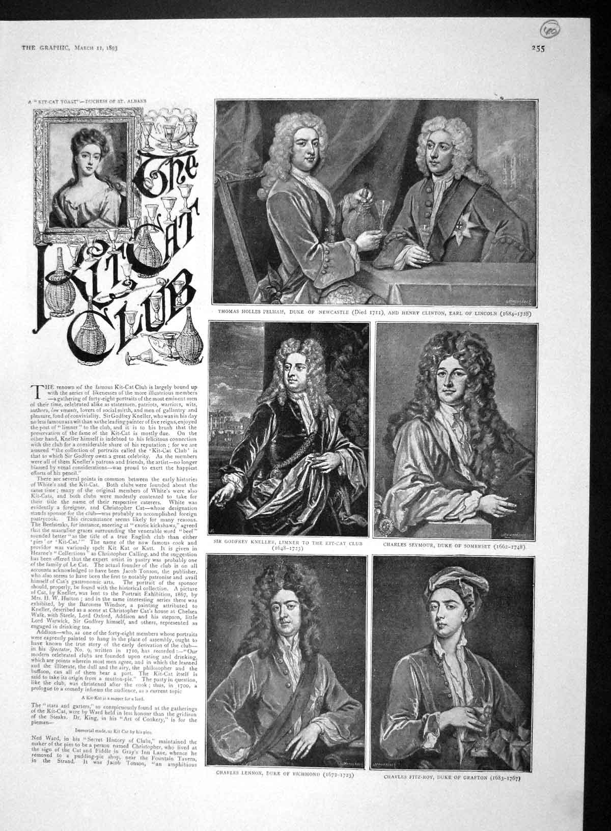 Old Antique Print 1893 It-Cat Club Pelham Seymour Lennox Steele Richmond 19th