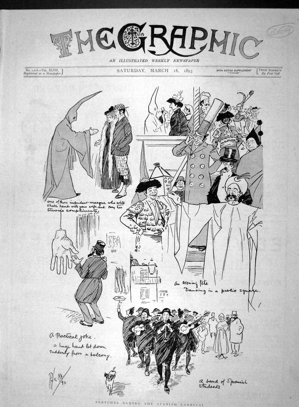 Original Old Antique Print 1893 Spanish Carnival Music S 19th Century