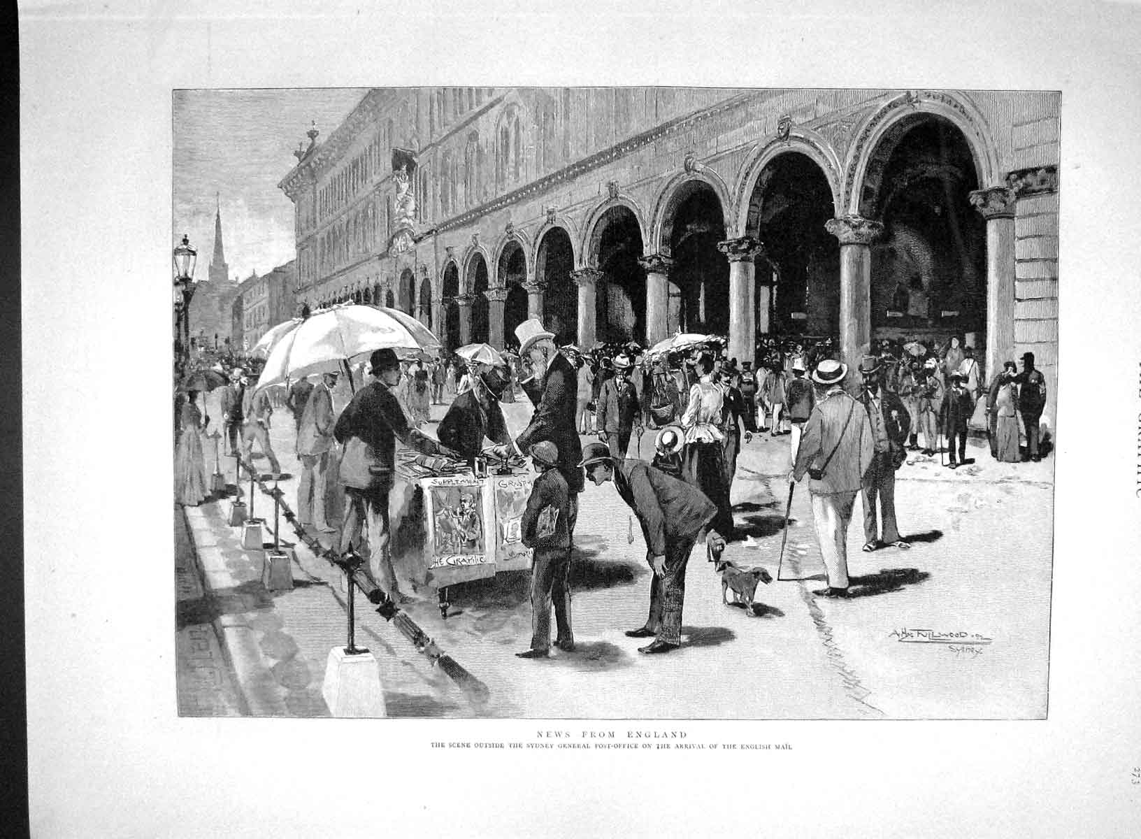 Original Old Antique Print 1893 Sydney General Post Office English Mail Letters