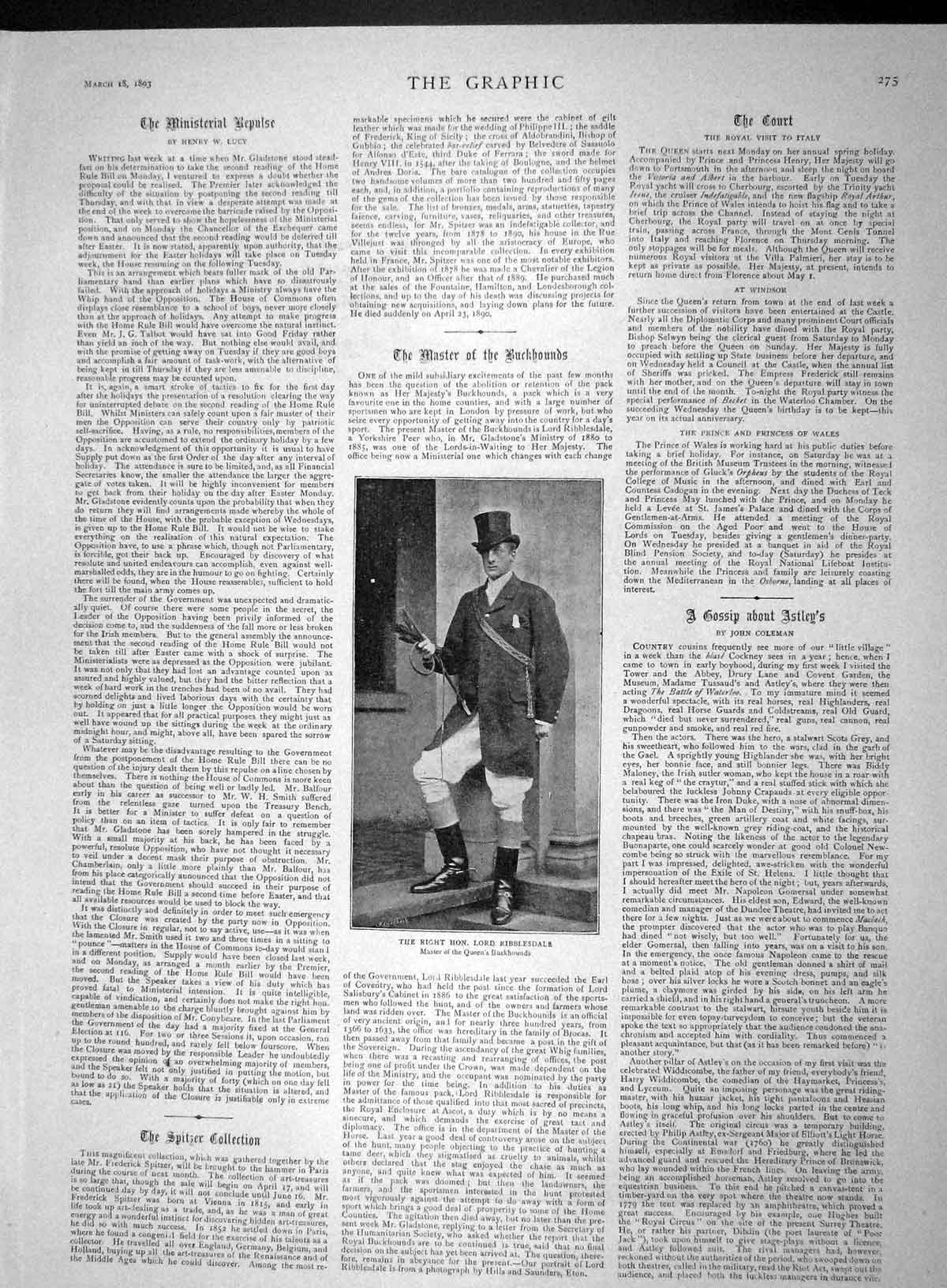 Old Antique Print 1893 Lord Ribblesdale Astley Amphitheatre Westminster 19th