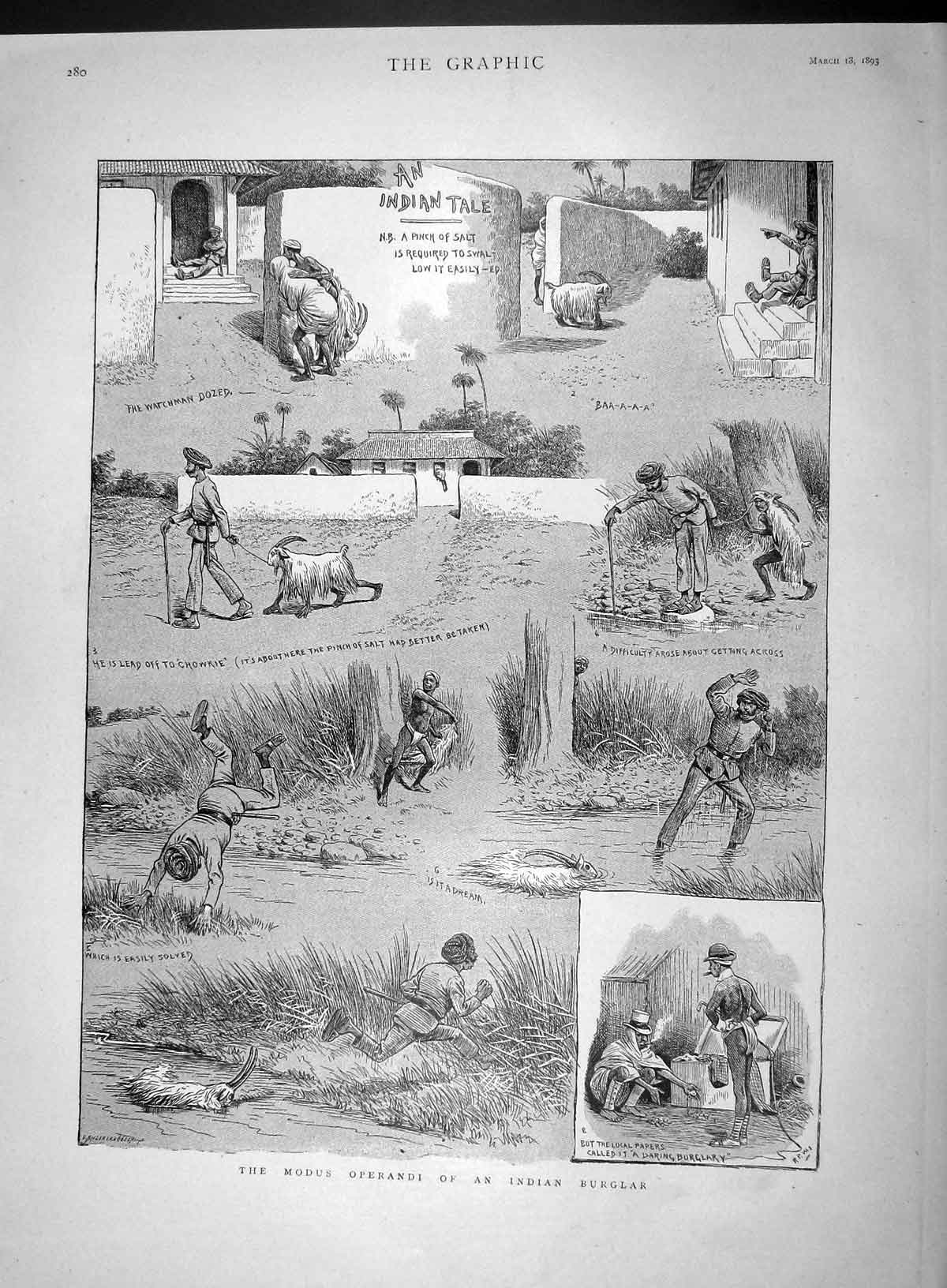 Original Old Antique Print 1893 Modus Operandi Indian Burglar Goat Comedy Tale