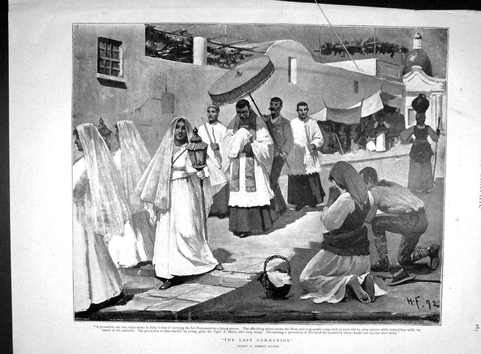 Old Antique Print 1893 Last Communion Italy Figlie Maria Sacrament Priest 19th