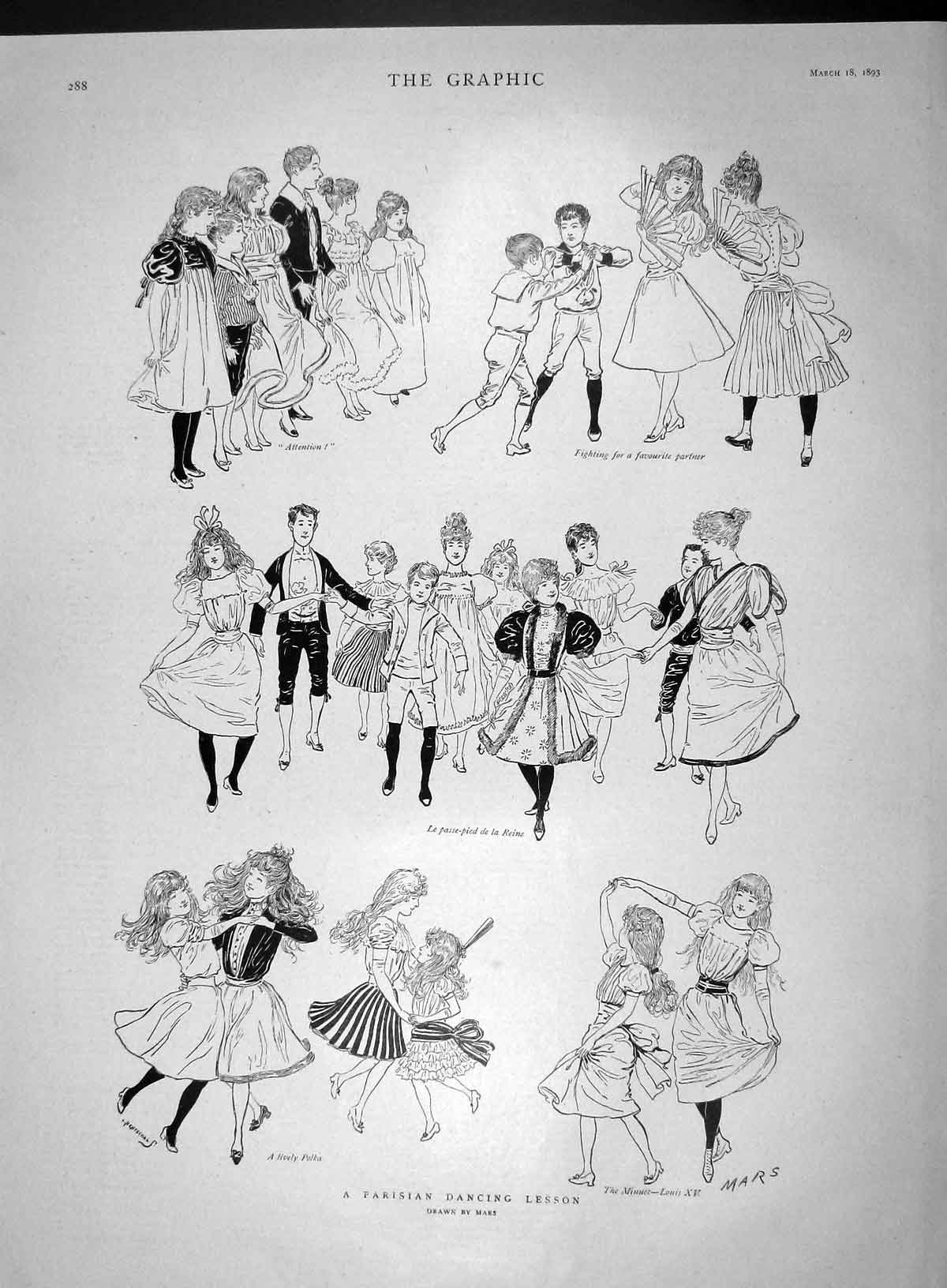 Original Old Antique Print 1893 Parisian Dancing Lessons Children Victorian