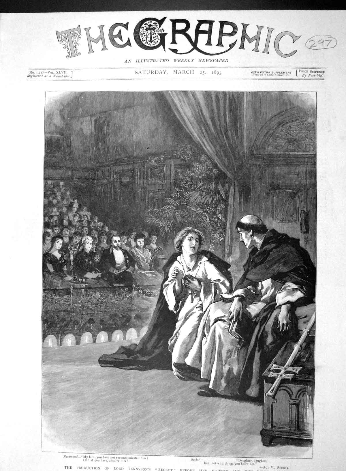 Original Old Antique Print 1893 Lord Tennyson Becket Theatre Windsor Castle
