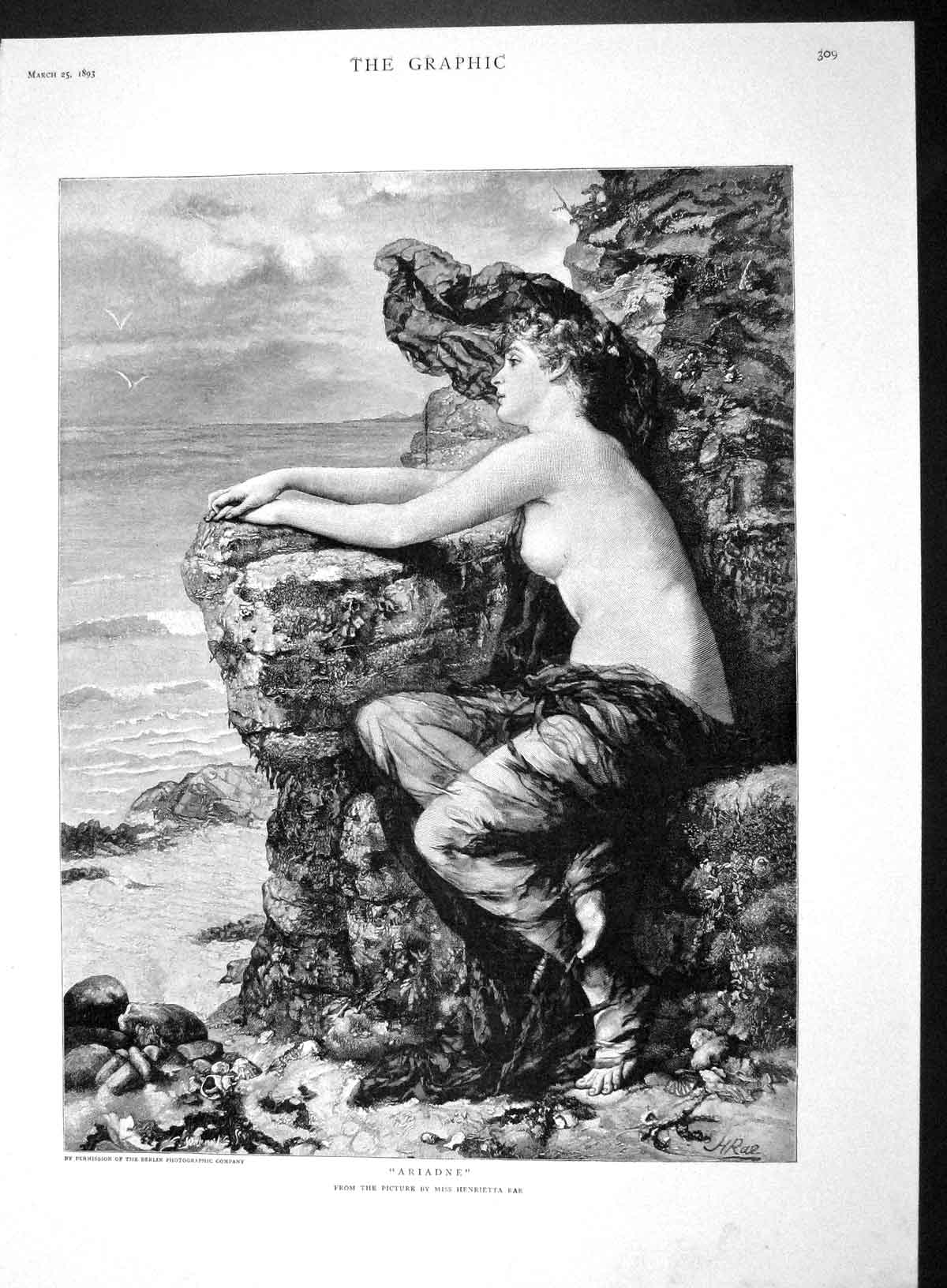 Original Old Antique Print 1893 Portrait Naked Woman Ariadne Rae F Victorian