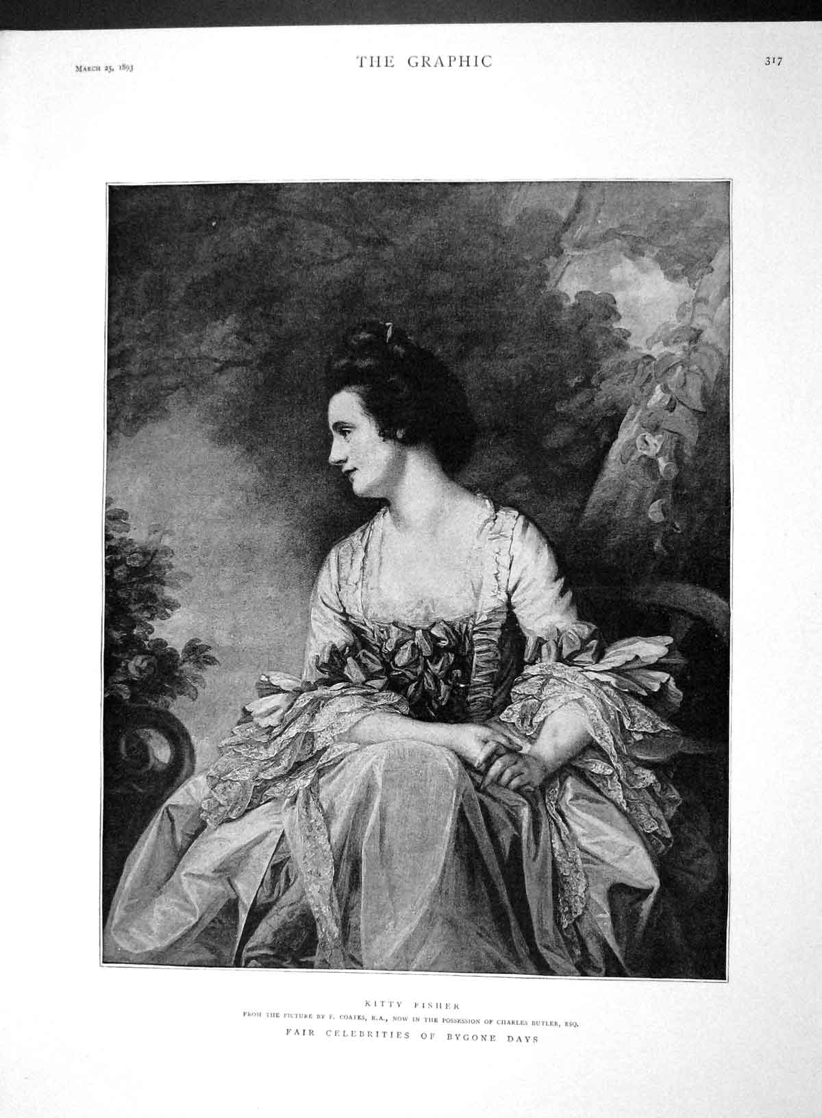 Original Old Antique Print 1893 Portrait Kitty Fisher Beautiful Woman Victorian