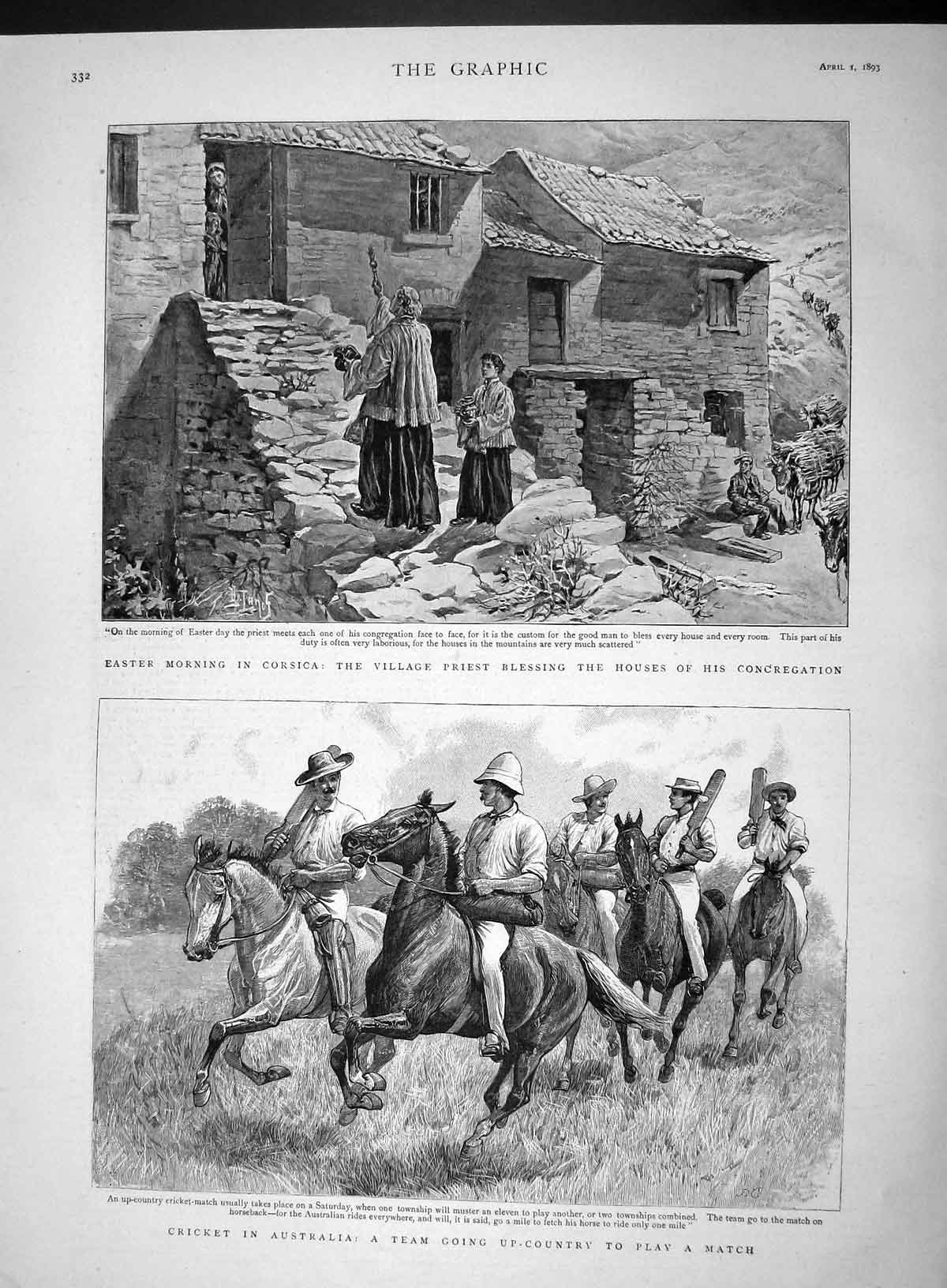 Old Antique Print 1893 Corsica Village Priest Cricket Australia Sport Men 19th