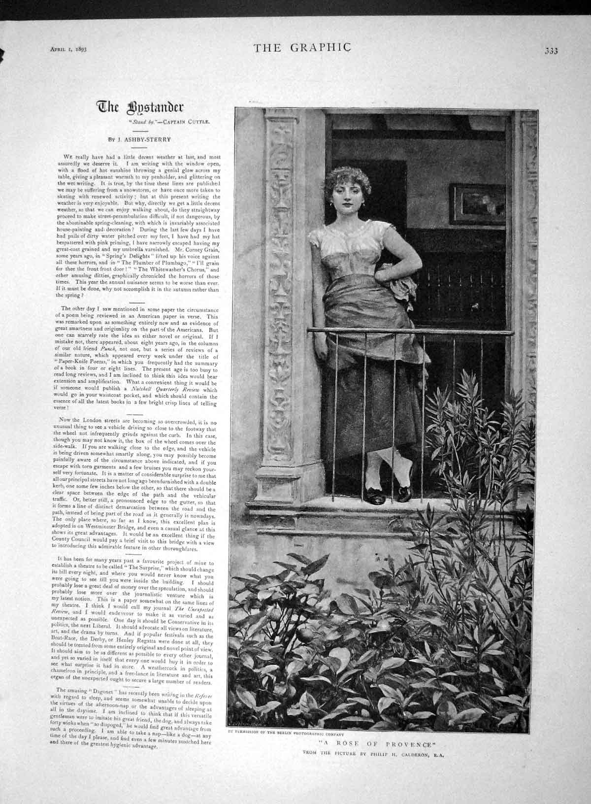 Original Old Antique Print 1893 Rose Provence Beautiful Girl France Calderon