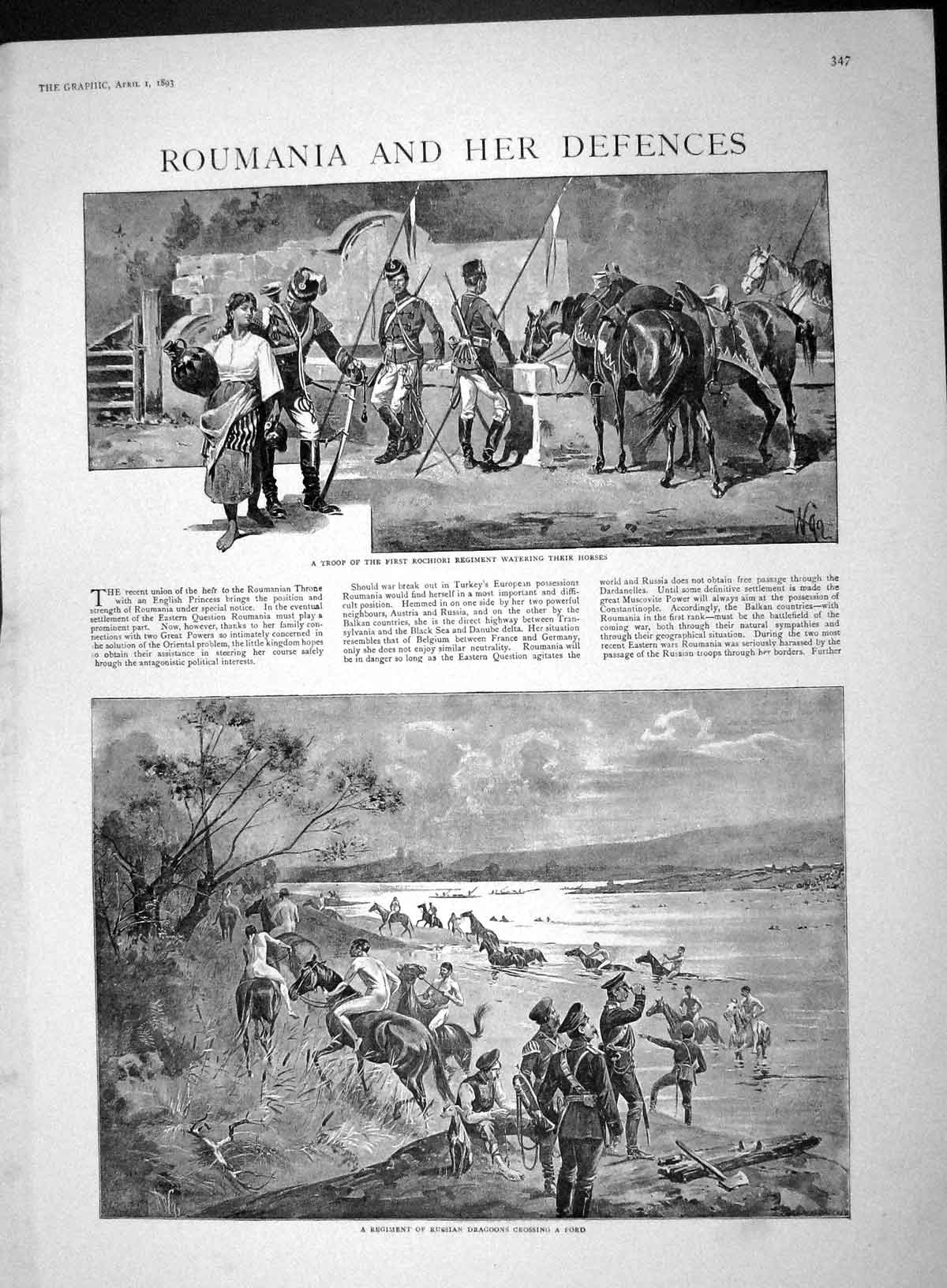Old Antique Print 1893 Roumania Rochiori Russian Dragoons Gipsies Pruth 19th