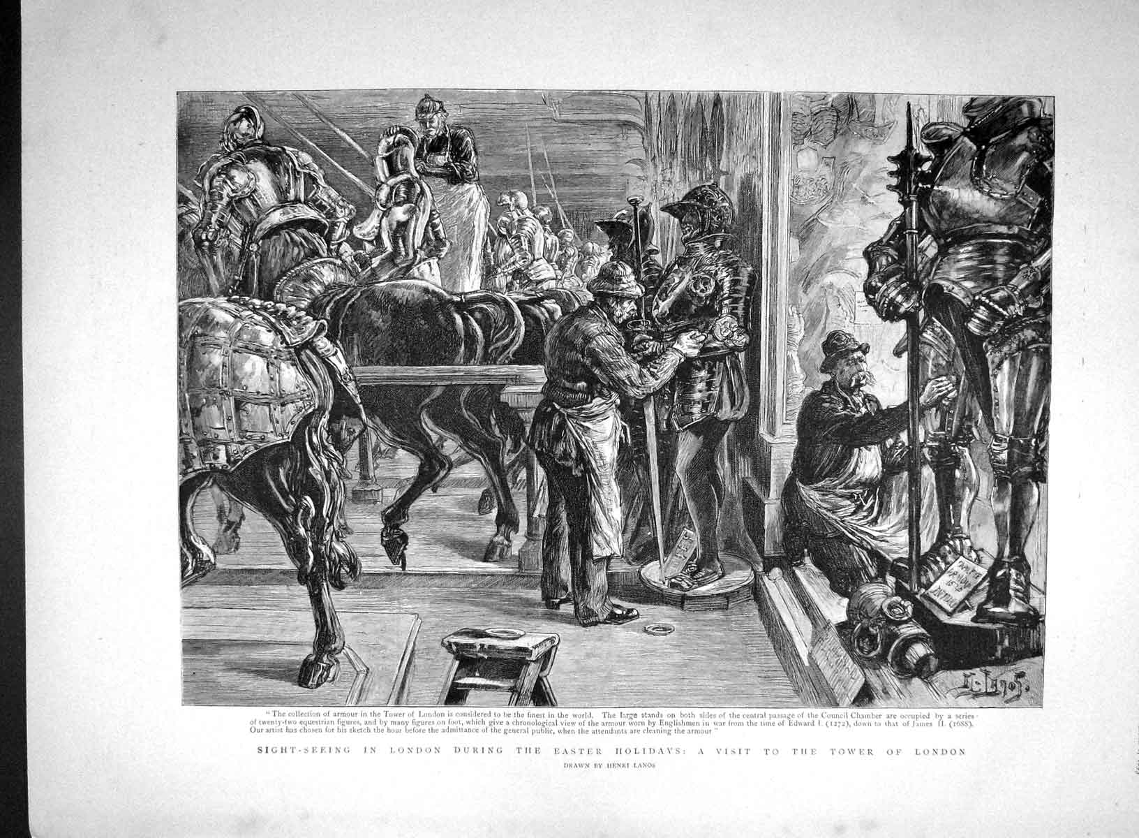 Original Old Antique Print 1893 Sight-Seeing London Easter Tower London Armour