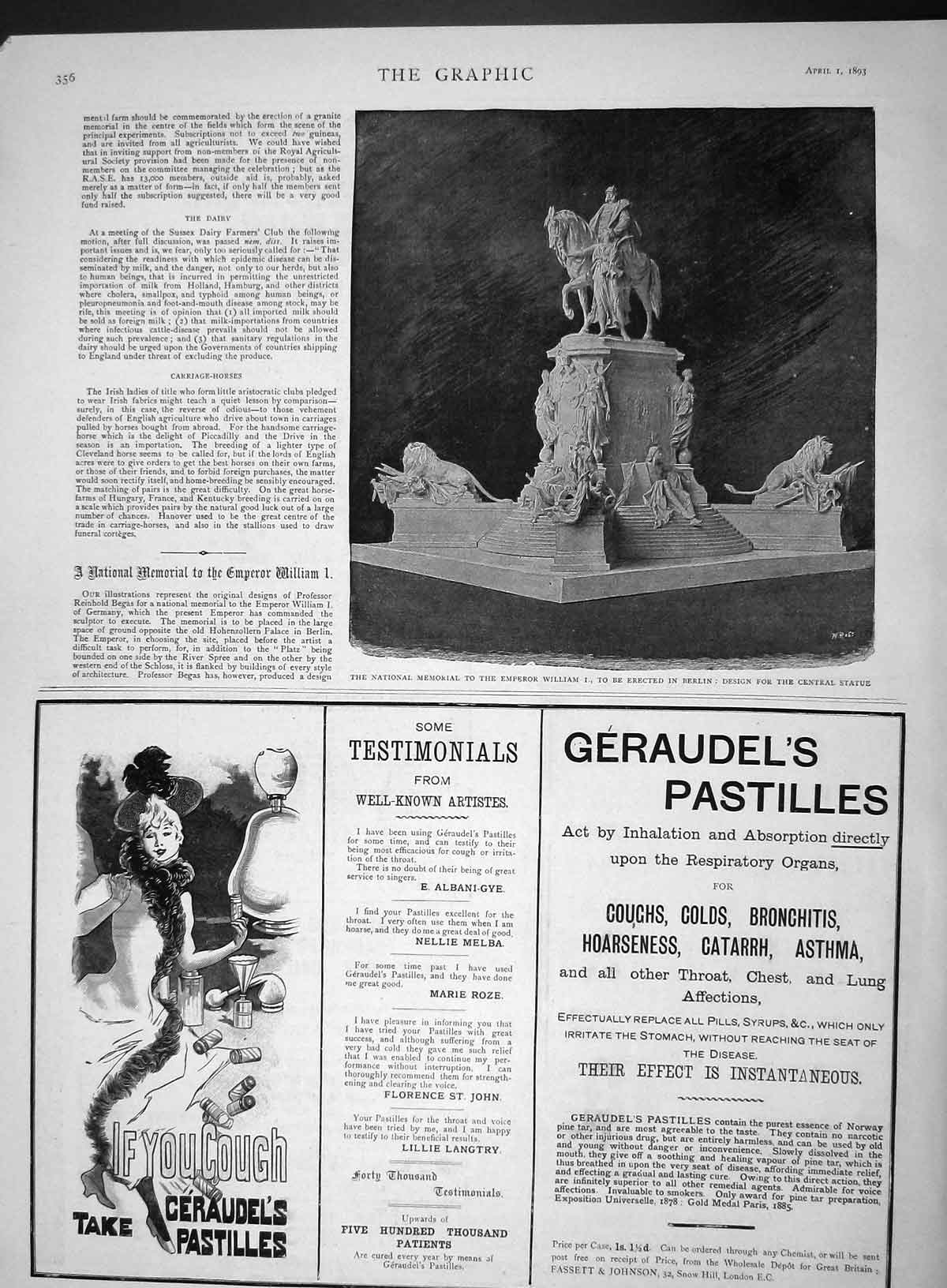 Old Antique Print 1893 Memorial Emperor William Berlin Geraudel Pastilles 19th