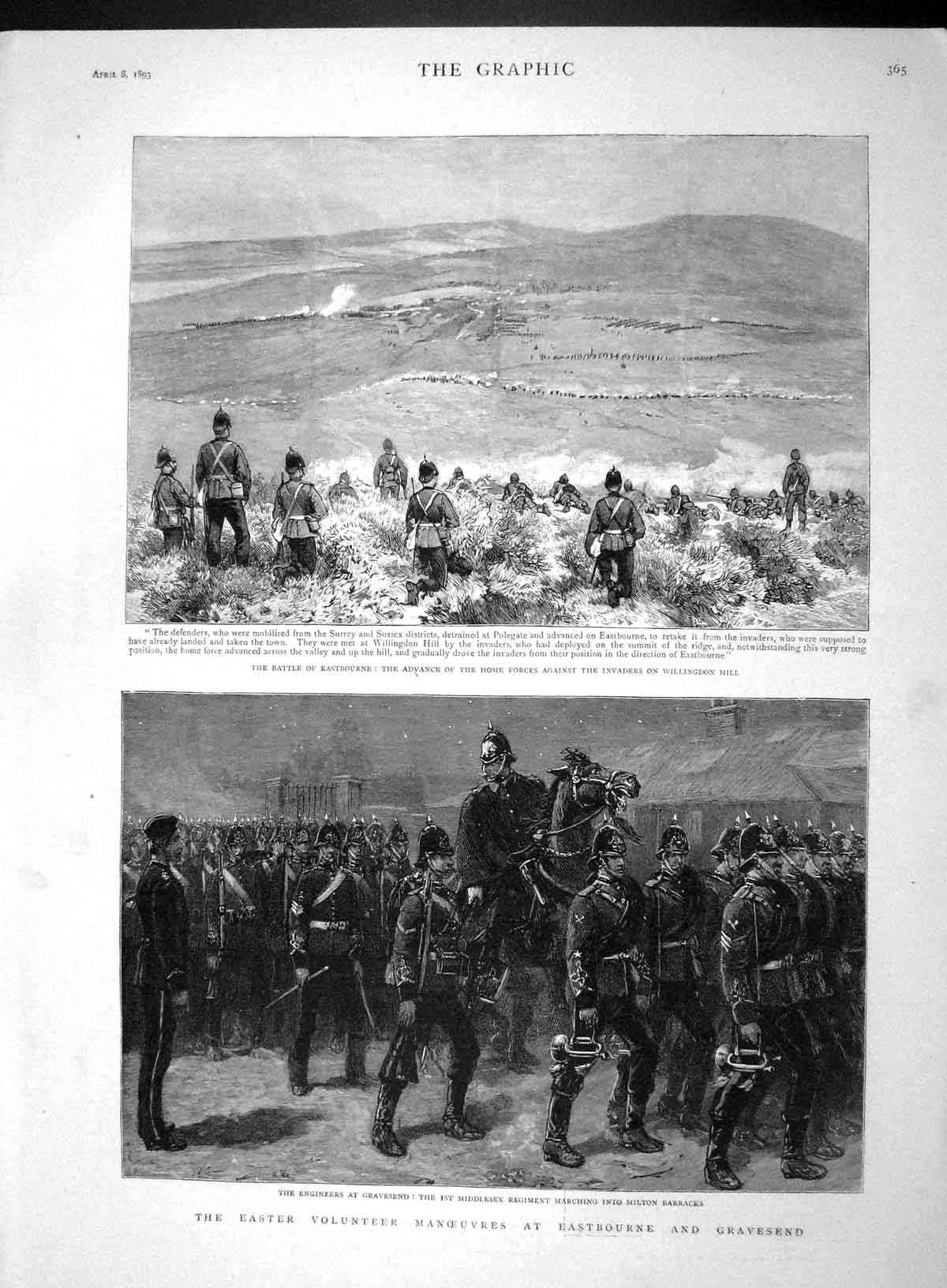 Original Old Antique Print 1893 Battle Eastbourne Willingdon Engineers Gr 19th