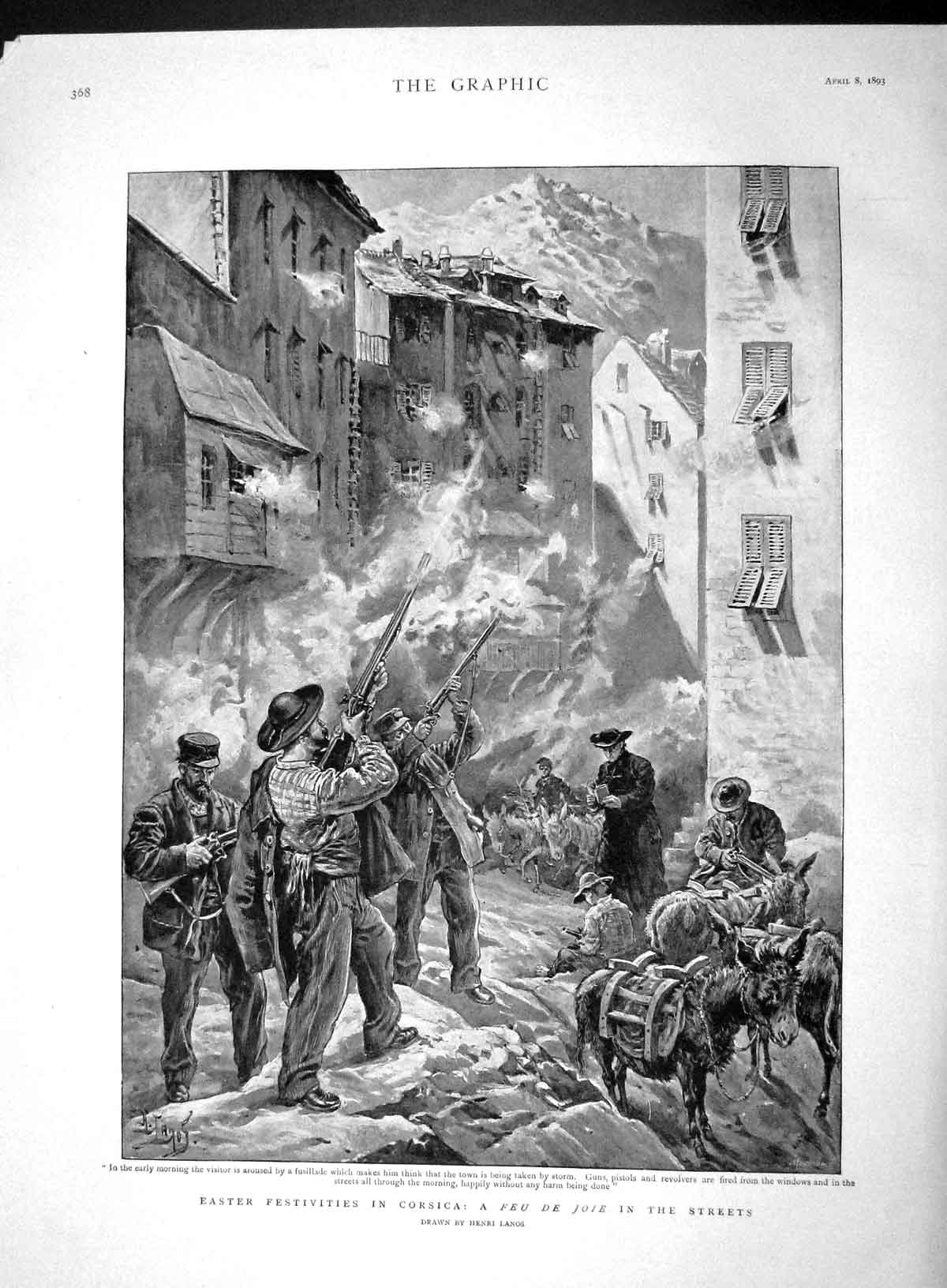 Old Antique Print 1893 Easter Corsica Feu De Joie Street Shooting Scene 19th