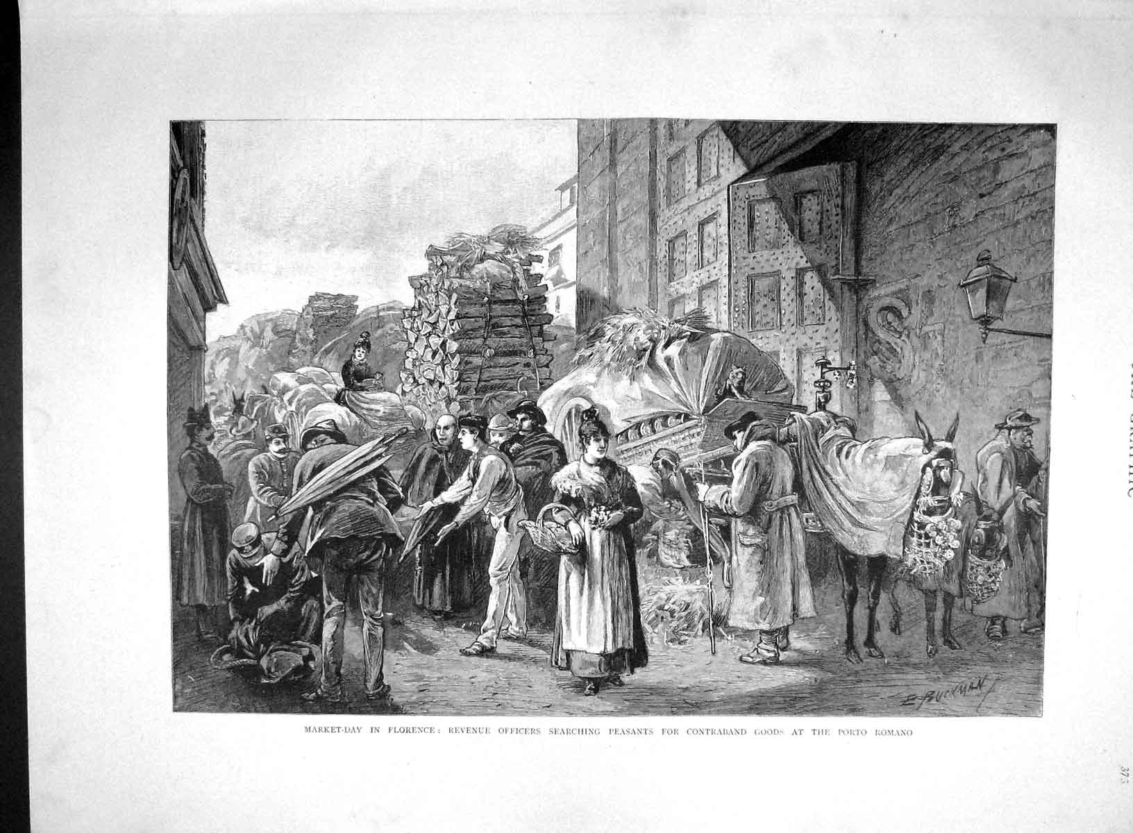 Original Old Antique Print 1893 Market Day Florence Peasants Contraband 19th