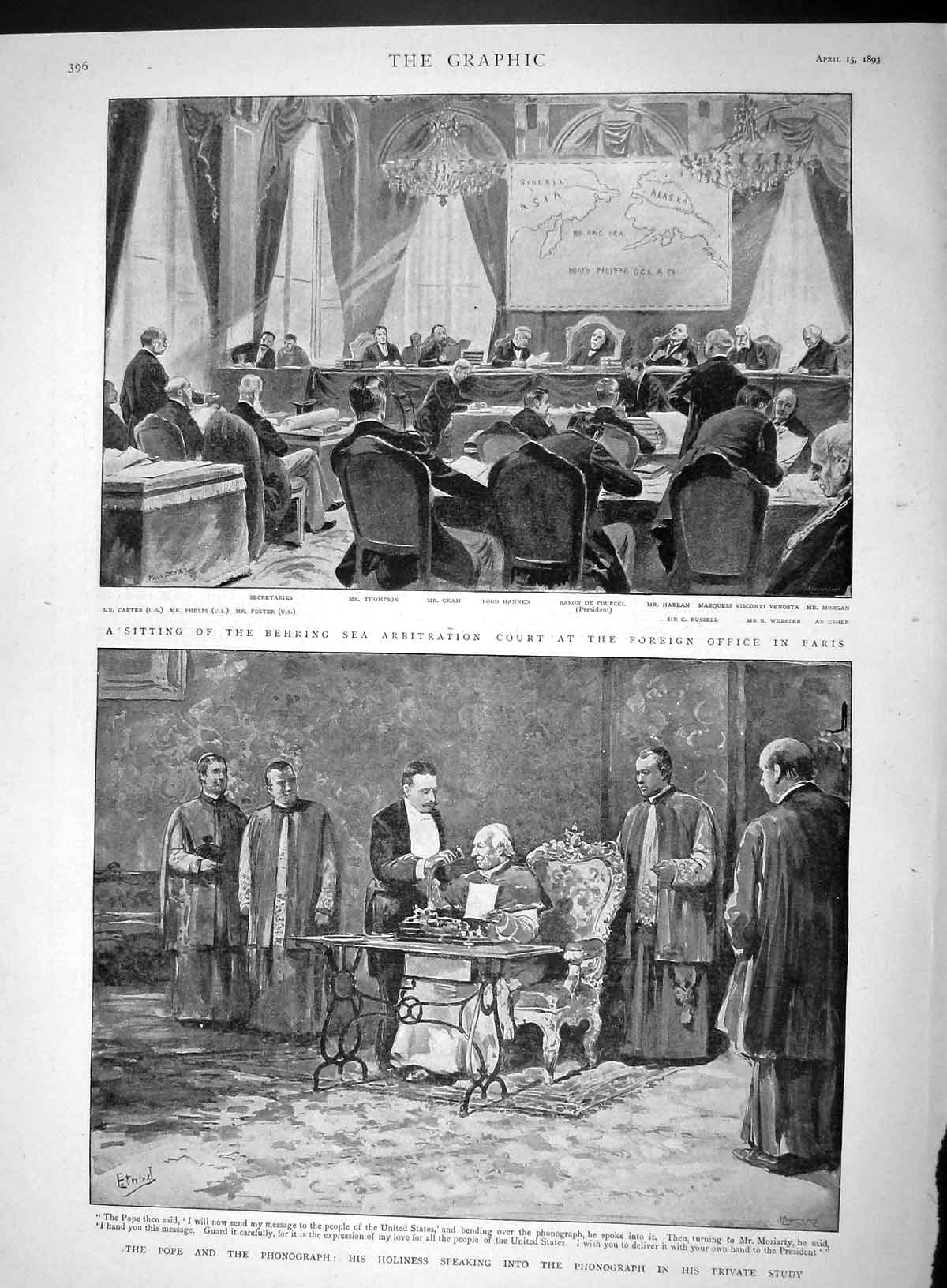 Original Old Antique Print 1893 Behring Arbitration Paris Gram Pope Pho 19th