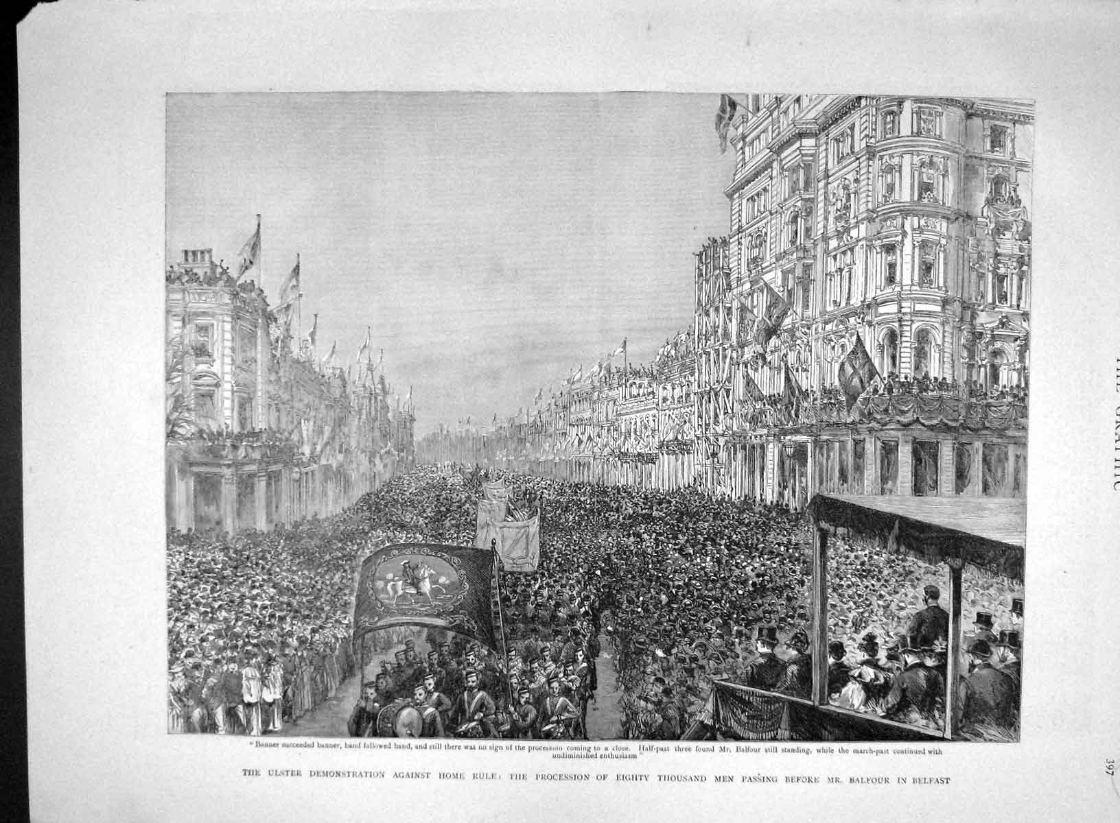 Original Old Antique Print 1893 Ulster Demonstration Home Rule Balfour 19th