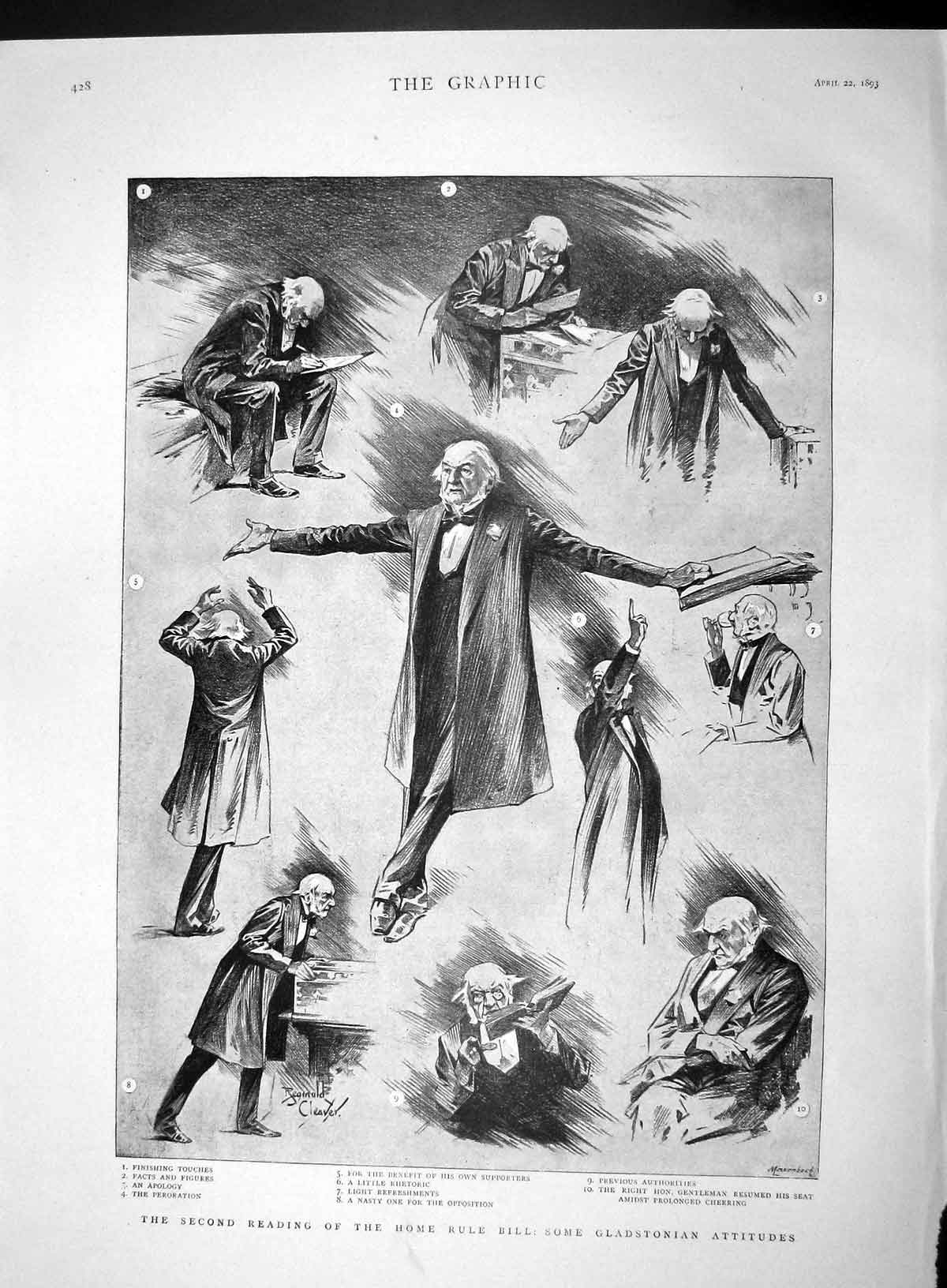 Old Antique Print 1893 Reading Home Rule Bill Gladstone Attitudes Sketch 19th